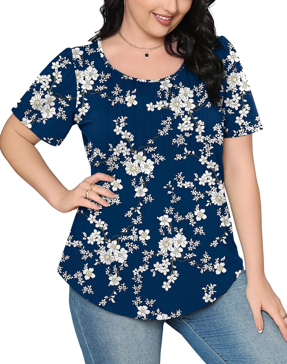 Women’s Short Sleeve Pleated T-Shirt - Casual Scooped Neck Summer Blouse - Picture 180 of 266
