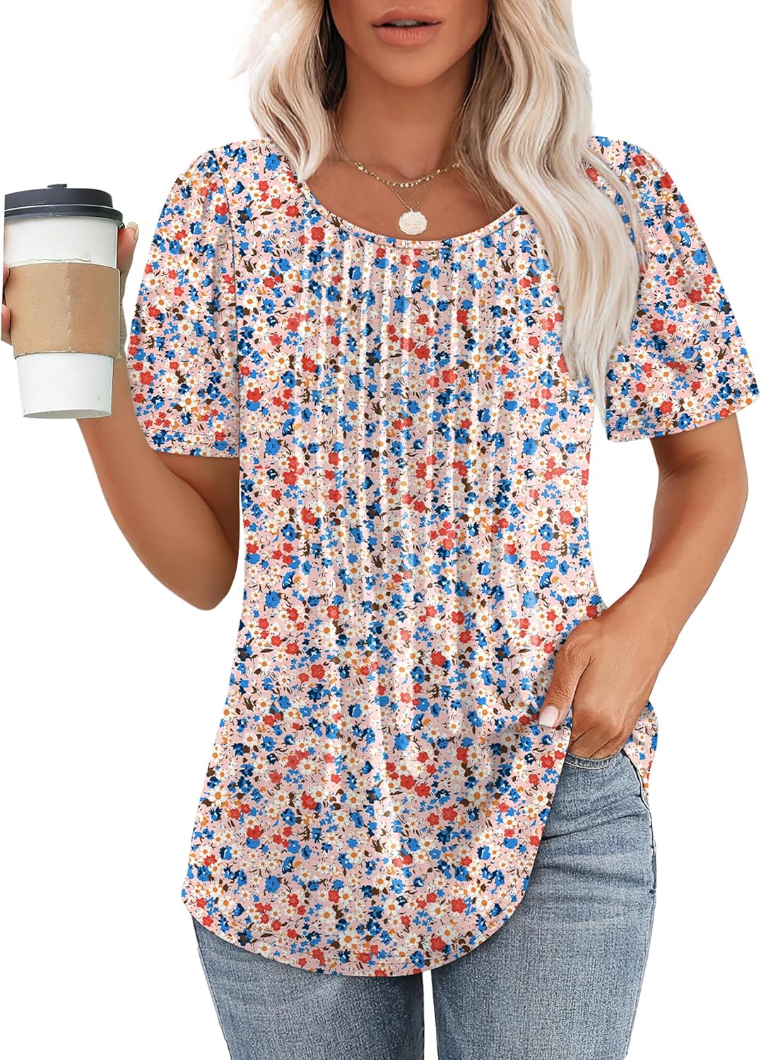 Women’s Short Sleeve Pleated T-Shirt - Casual Scooped Neck Summer Blouse - Picture 183 of 266