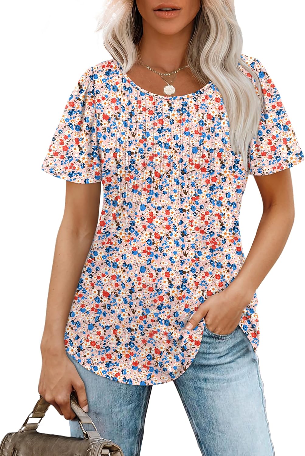 Women’s Short Sleeve Pleated T-Shirt - Casual Scooped Neck Summer Blouse - Picture 184 of 266