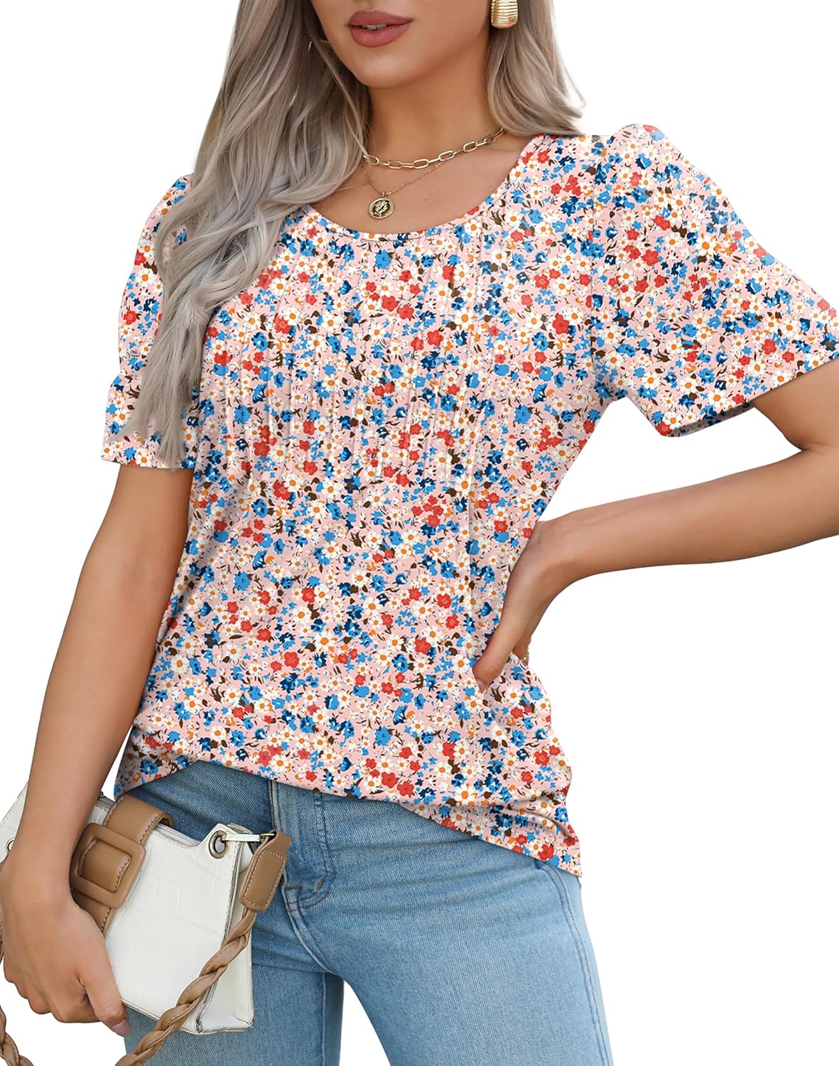 Women’s Short Sleeve Pleated T-Shirt - Casual Scooped Neck Summer Blouse - Picture 185 of 266