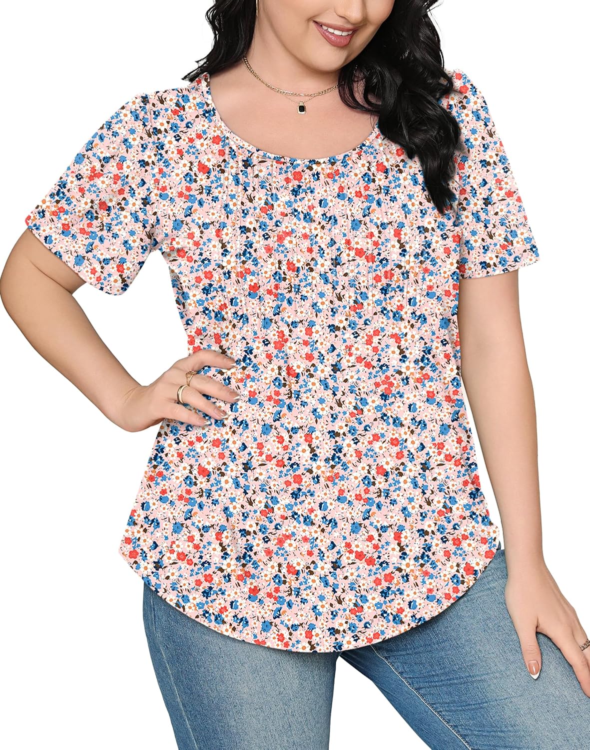 Women’s Short Sleeve Pleated T-Shirt - Casual Scooped Neck Summer Blouse - Picture 186 of 266