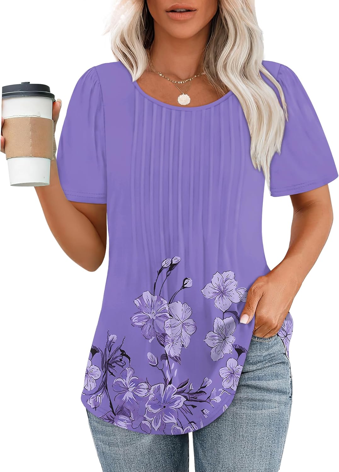 Women’s Short Sleeve Pleated T-Shirt - Casual Scooped Neck Summer Blouse - Picture 189 of 266