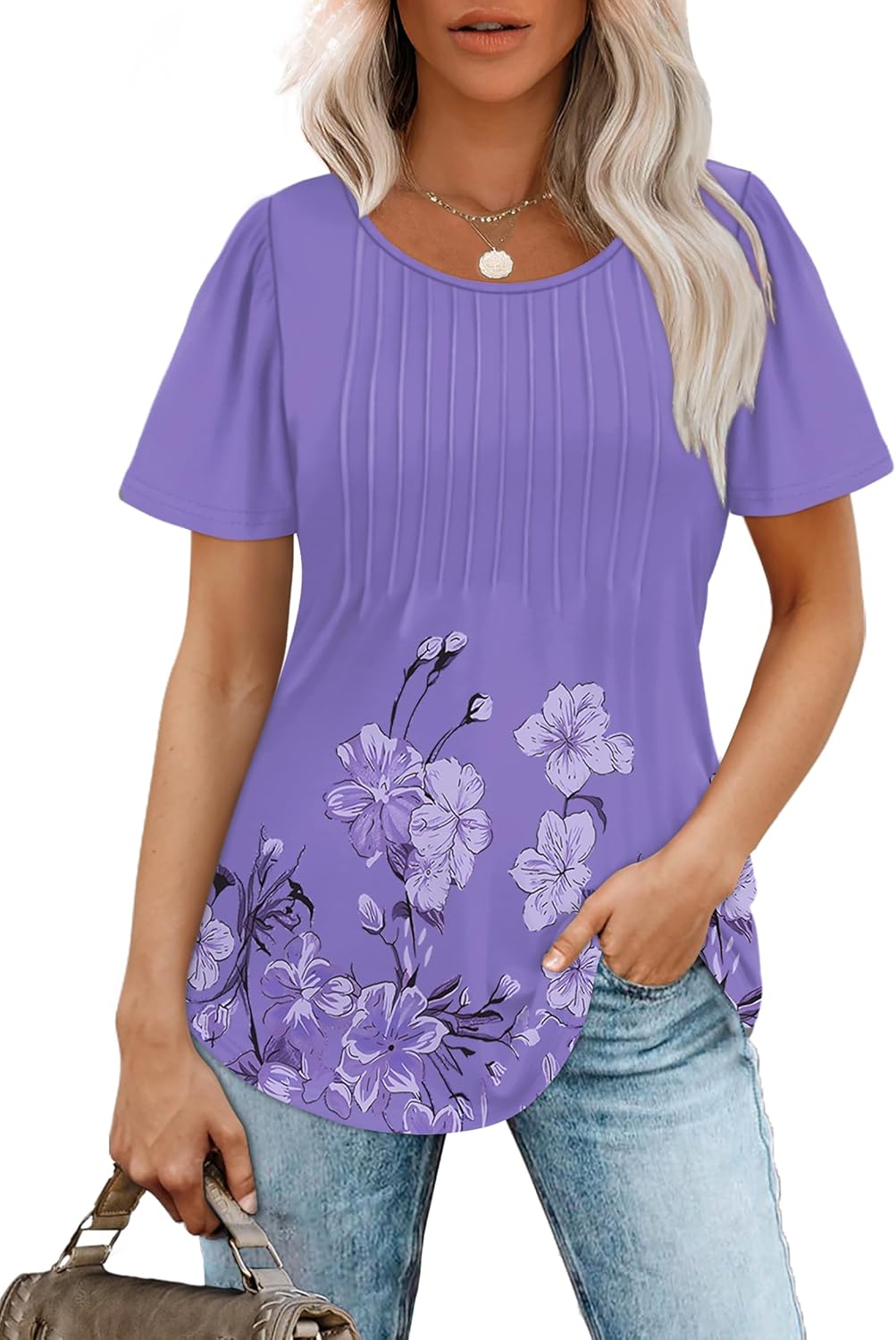 Women’s Short Sleeve Pleated T-Shirt - Casual Scooped Neck Summer Blouse - Picture 190 of 266