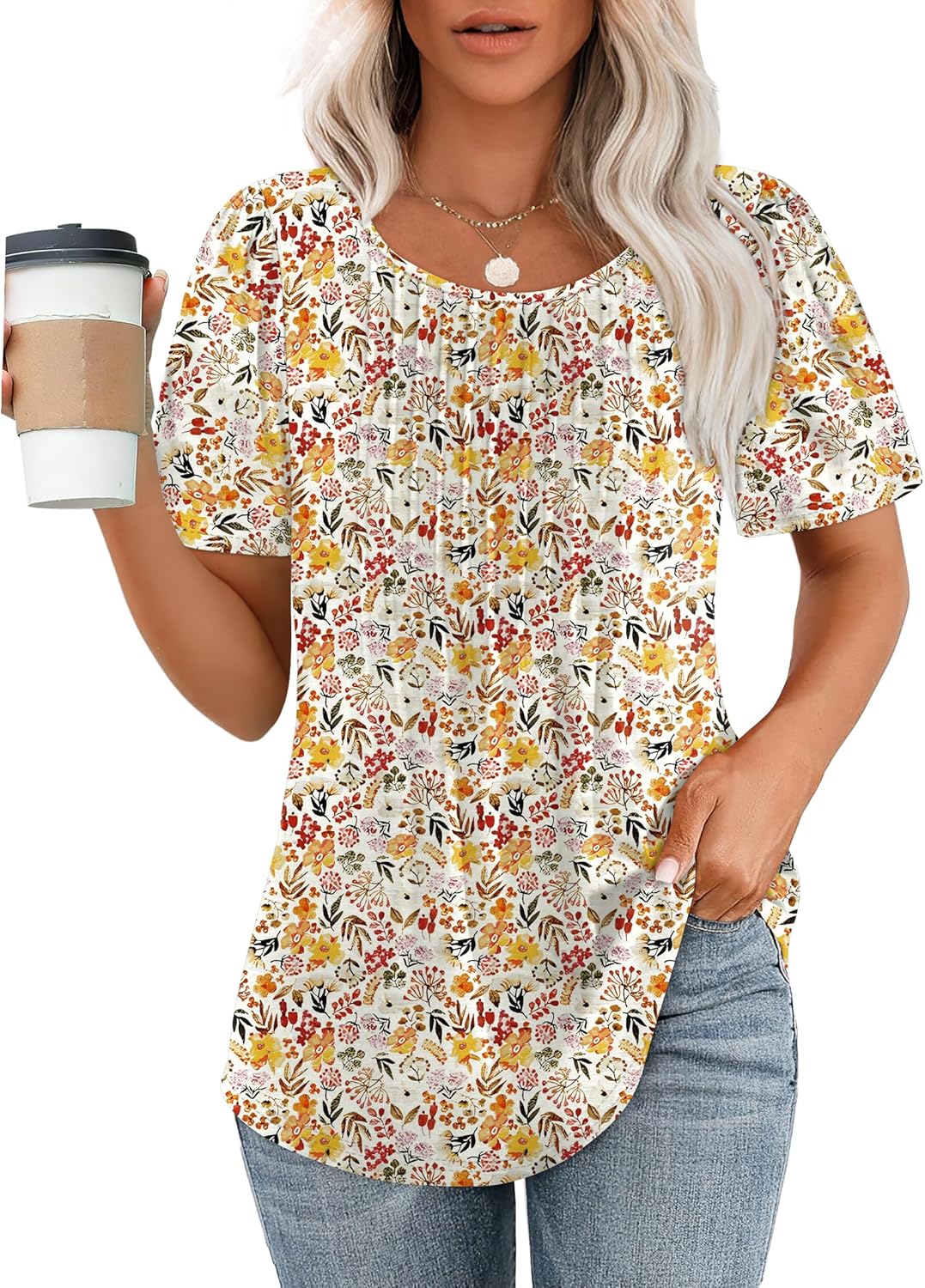 Women’s Short Sleeve Pleated T-Shirt - Casual Scooped Neck Summer Blouse - Picture 196 of 266