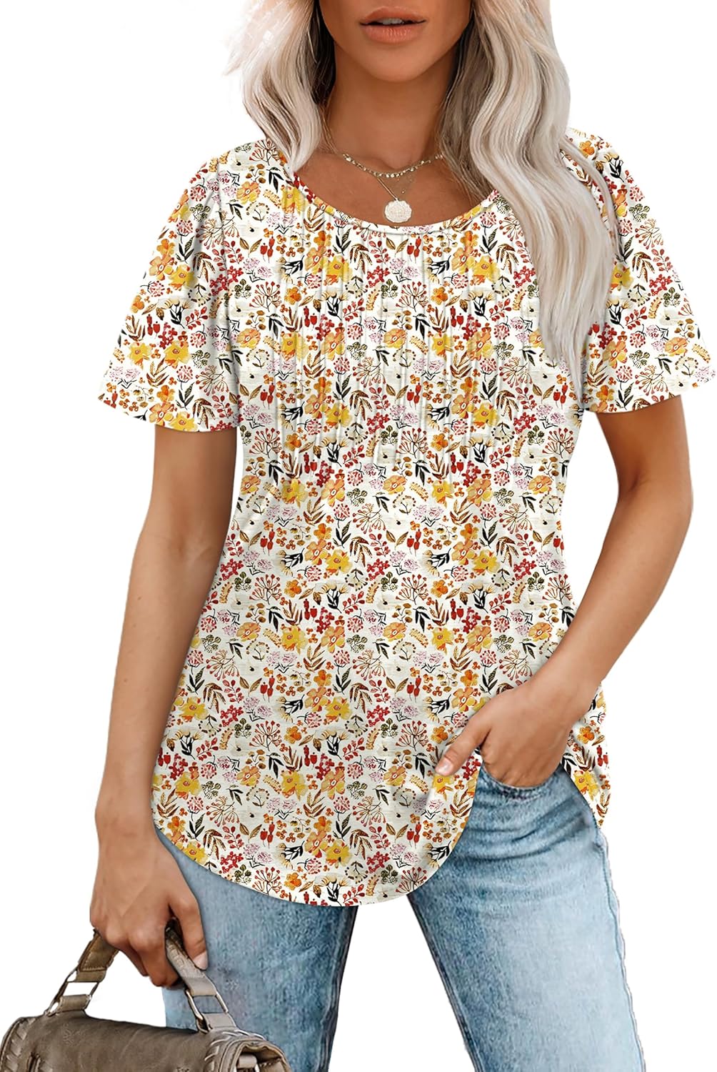 Women’s Short Sleeve Pleated T-Shirt - Casual Scooped Neck Summer Blouse - Picture 197 of 266