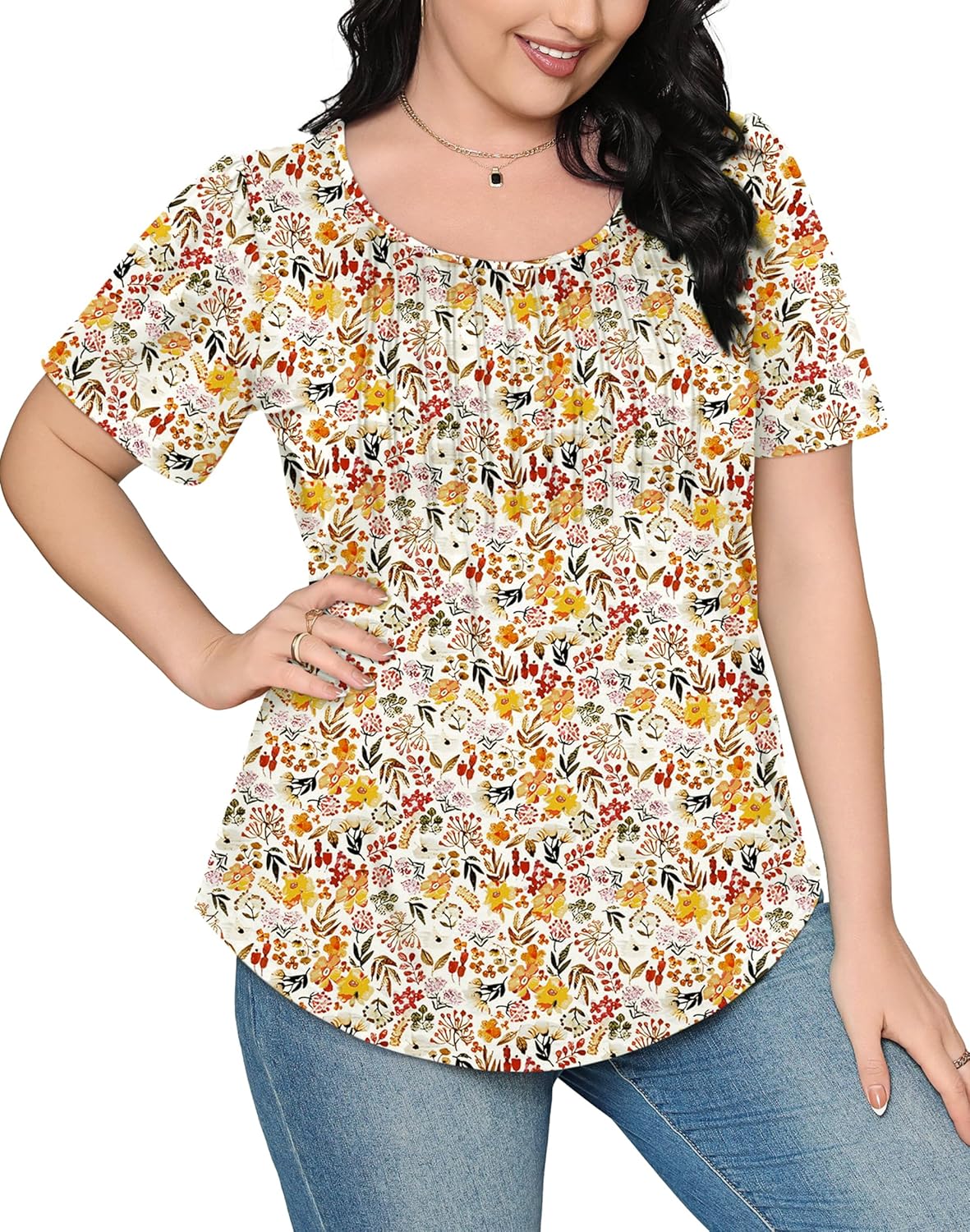 Women’s Short Sleeve Pleated T-Shirt - Casual Scooped Neck Summer Blouse - Picture 199 of 266