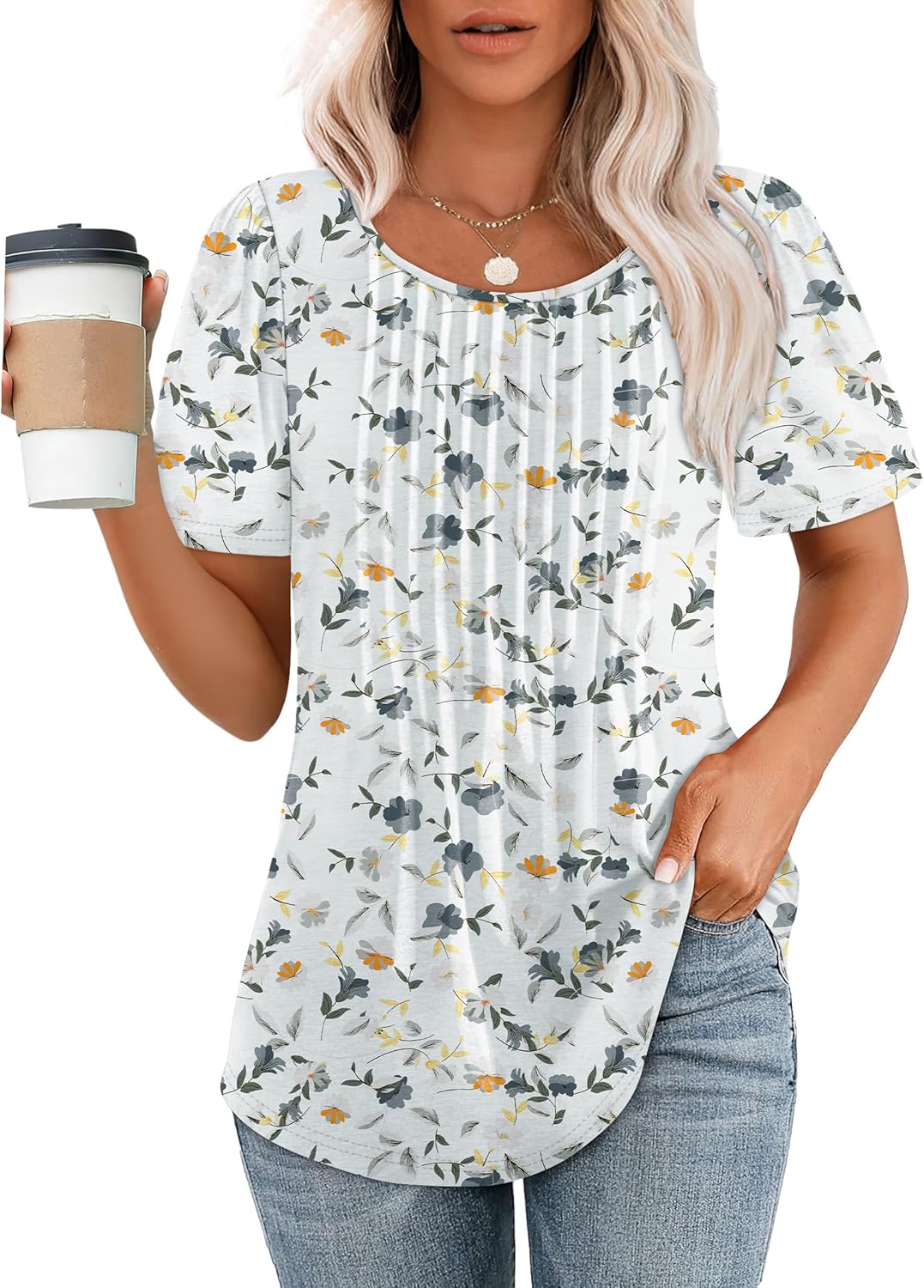 Women’s Short Sleeve Pleated T-Shirt - Casual Scooped Neck Summer Blouse - Picture 202 of 266