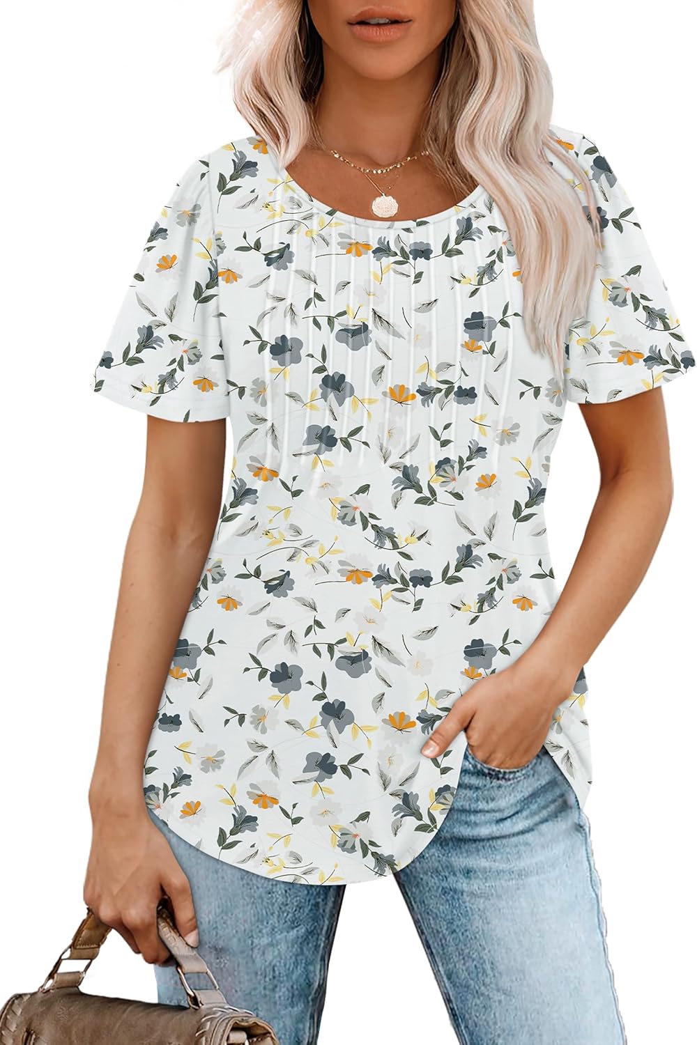 Women’s Short Sleeve Pleated T-Shirt - Casual Scooped Neck Summer Blouse - Picture 203 of 266