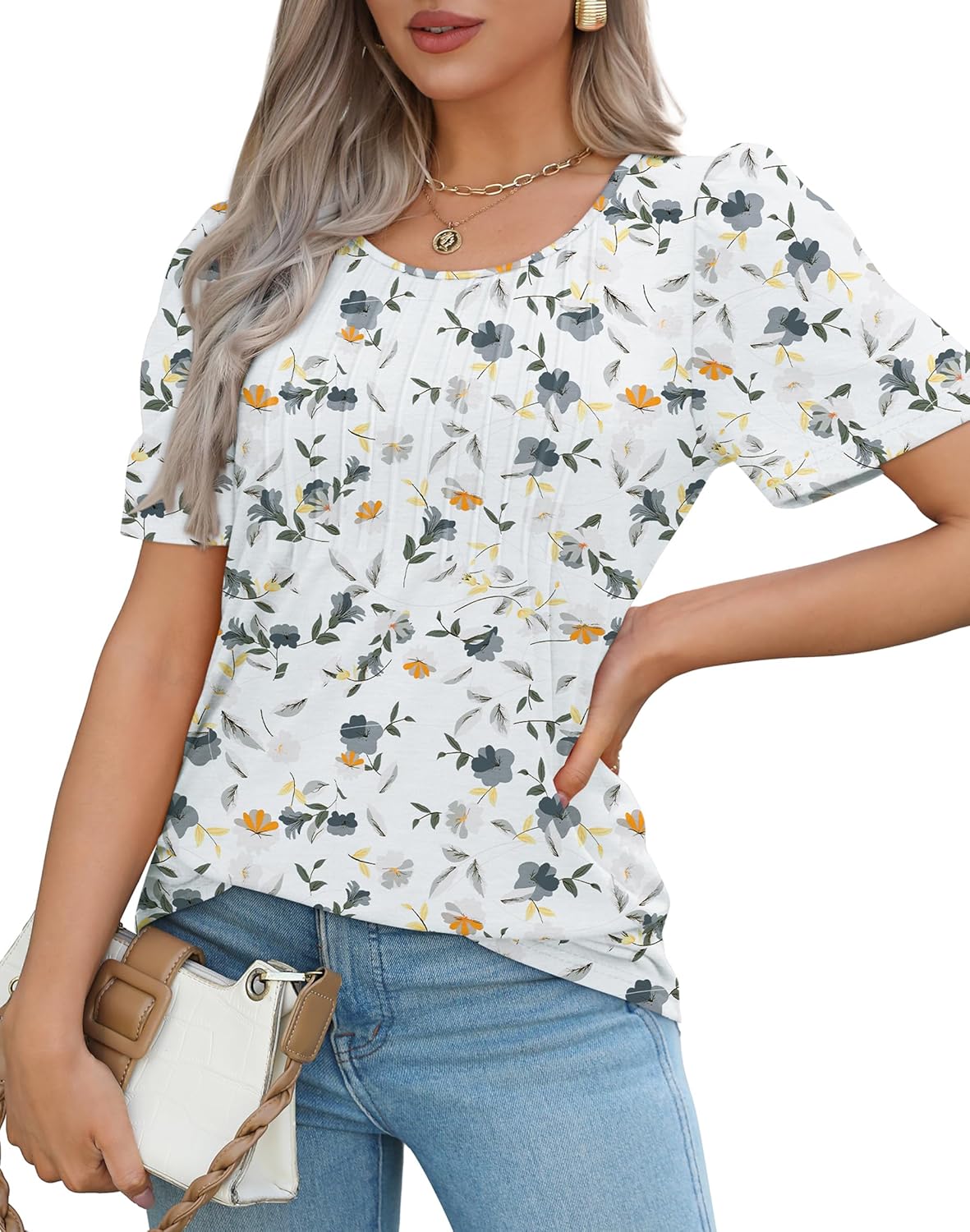 Women’s Short Sleeve Pleated T-Shirt - Casual Scooped Neck Summer Blouse - Picture 204 of 266