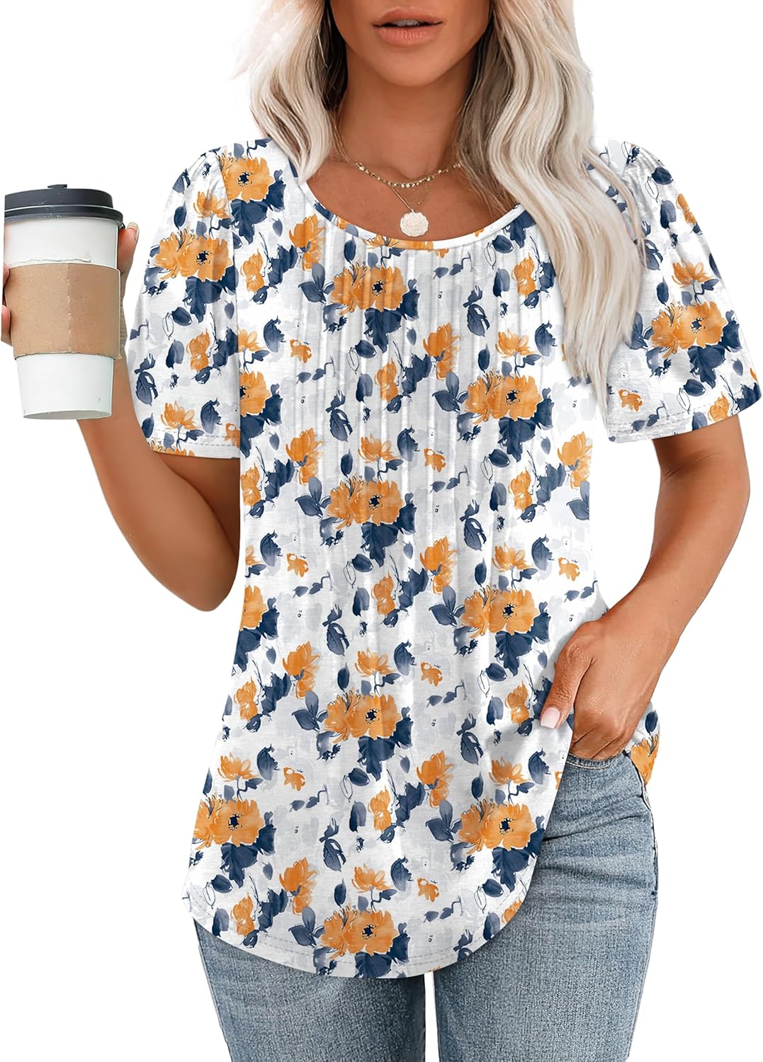 Women’s Short Sleeve Pleated T-Shirt - Casual Scooped Neck Summer Blouse - Picture 209 of 266