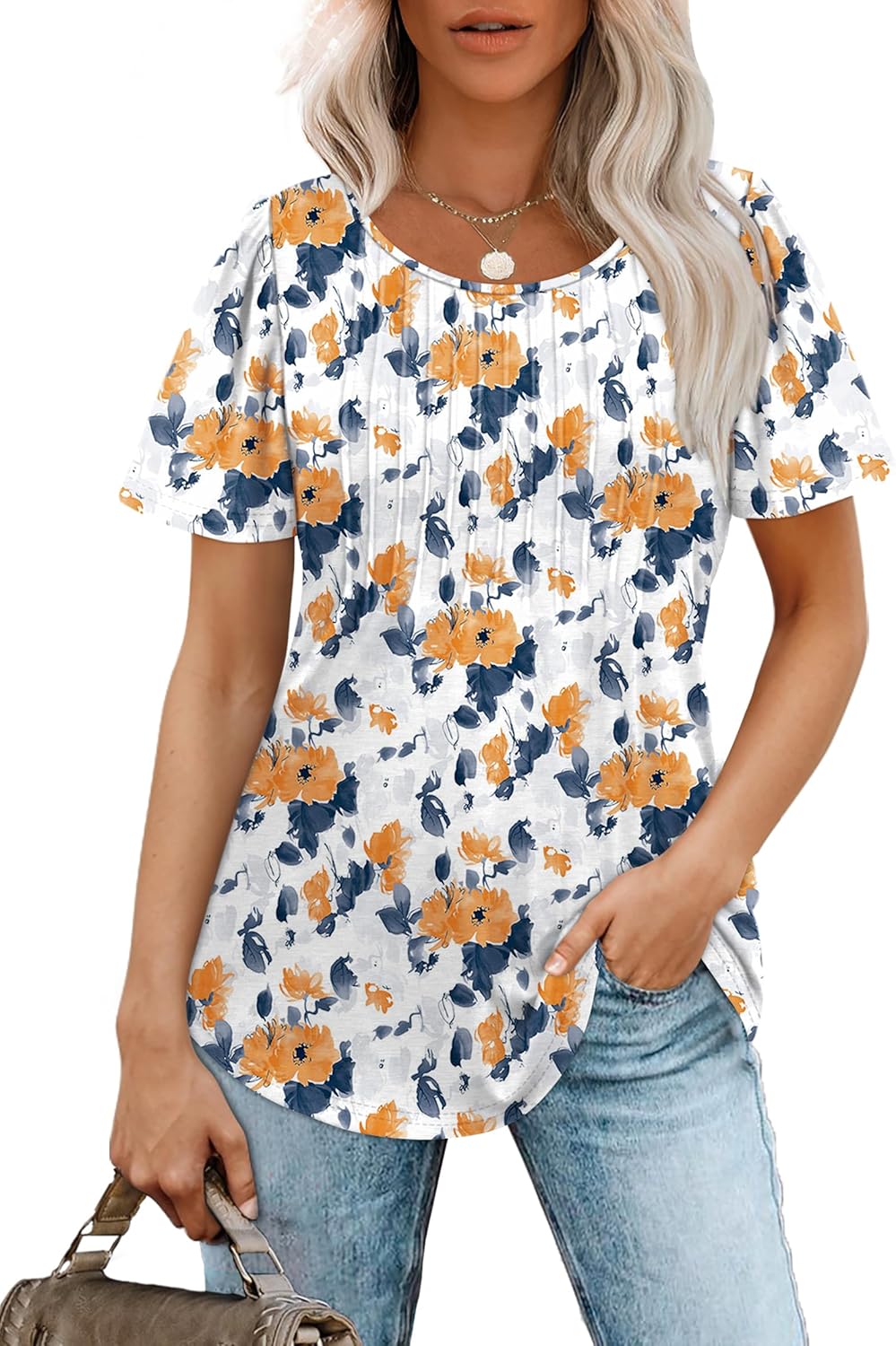 Women’s Short Sleeve Pleated T-Shirt - Casual Scooped Neck Summer Blouse - Picture 210 of 266