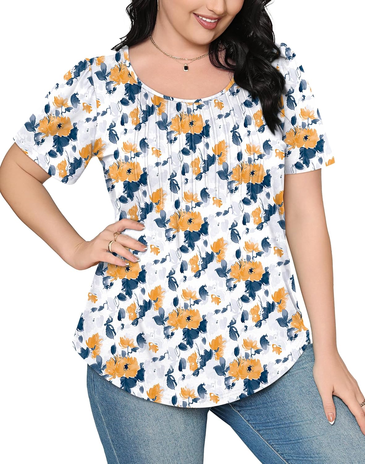 Women’s Short Sleeve Pleated T-Shirt - Casual Scooped Neck Summer Blouse - Picture 212 of 266