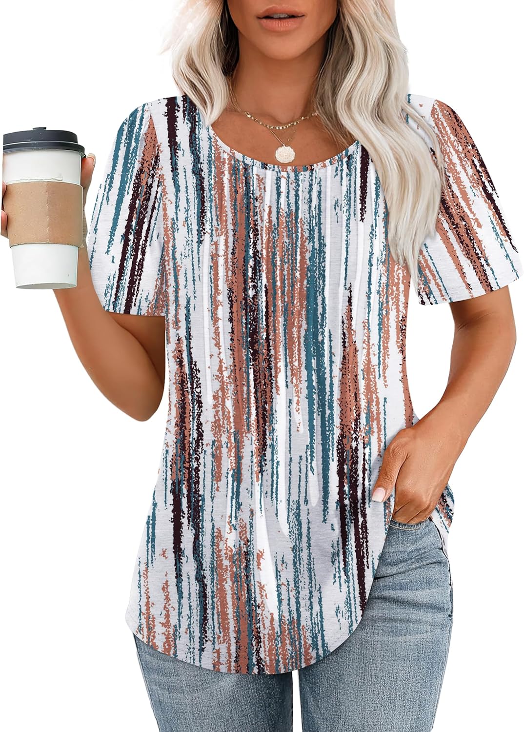 Women’s Short Sleeve Pleated T-Shirt - Casual Scooped Neck Summer Blouse - Picture 216 of 266