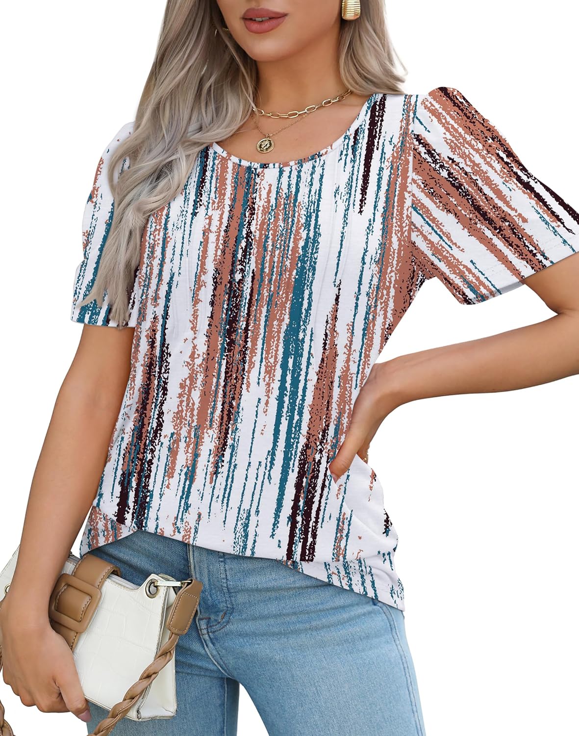 Women’s Short Sleeve Pleated T-Shirt - Casual Scooped Neck Summer Blouse - Picture 218 of 266