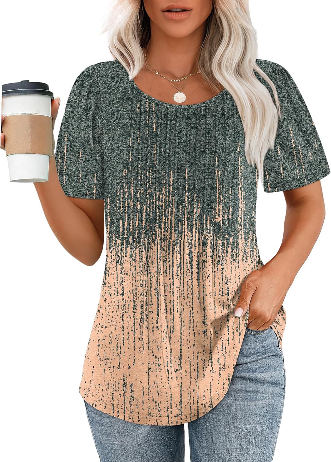 Women’s Short Sleeve Pleated T-Shirt - Casual Scooped Neck Summer Blouse - Picture 222 of 266