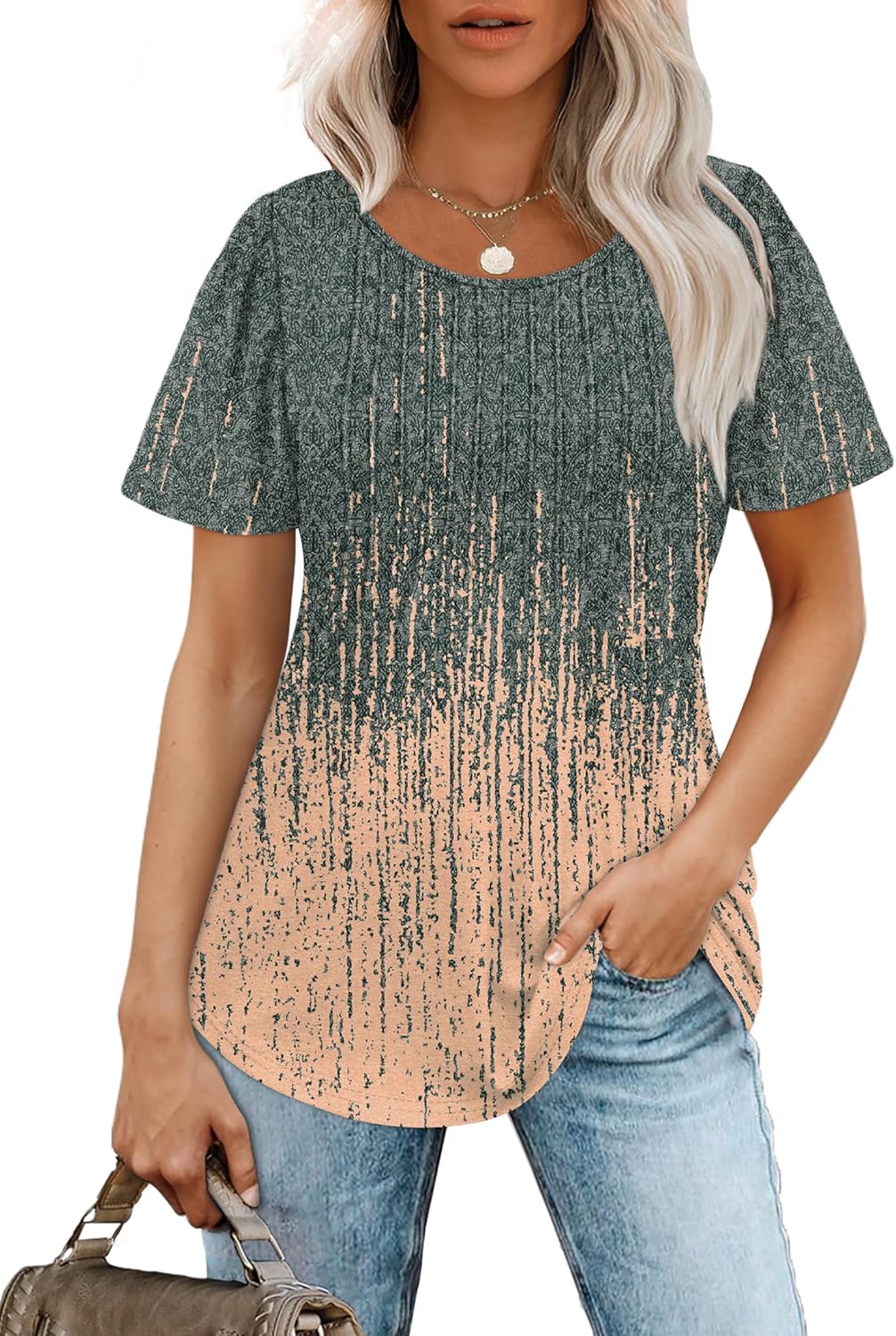 Women’s Short Sleeve Pleated T-Shirt - Casual Scooped Neck Summer Blouse - Picture 223 of 266