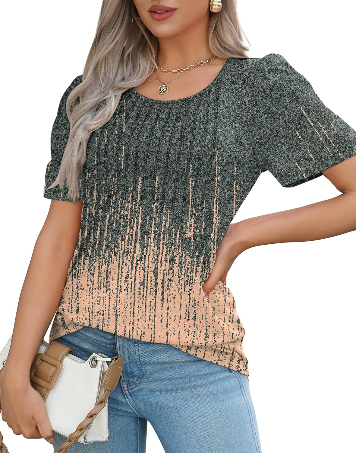Women’s Short Sleeve Pleated T-Shirt - Casual Scooped Neck Summer Blouse - Picture 224 of 266