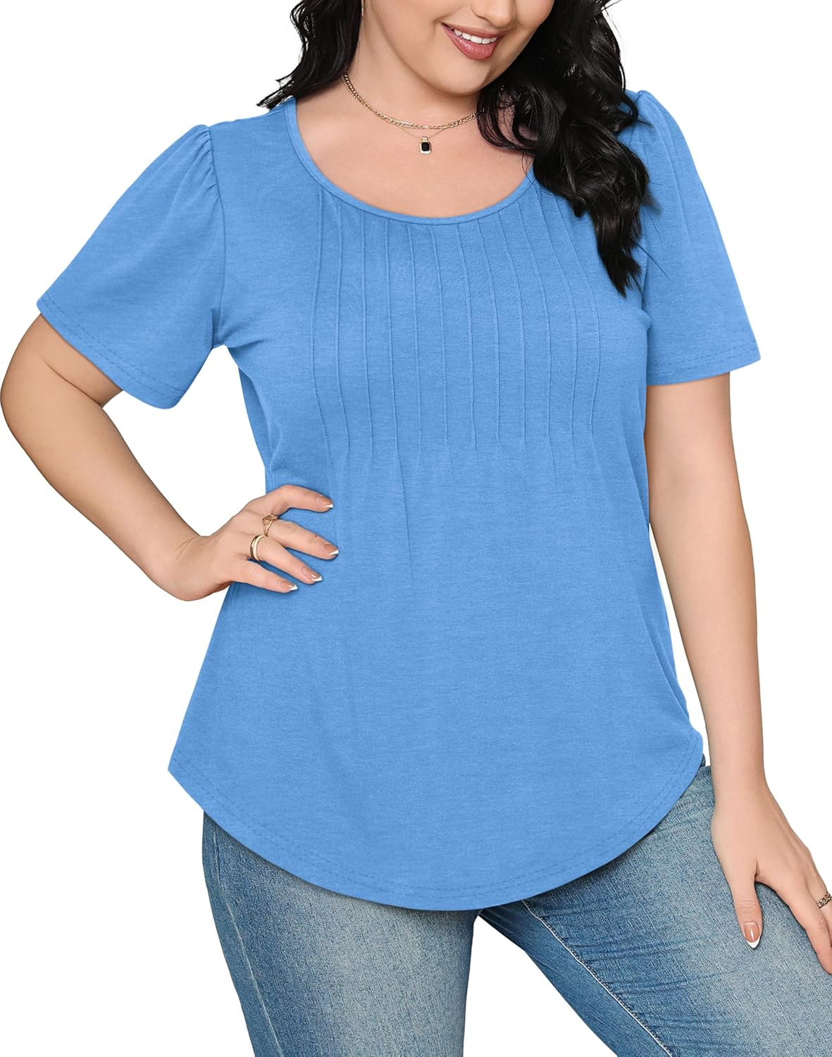 Women’s Short Sleeve Pleated T-Shirt - Casual Scooped Neck Summer Blouse - Picture 231 of 266