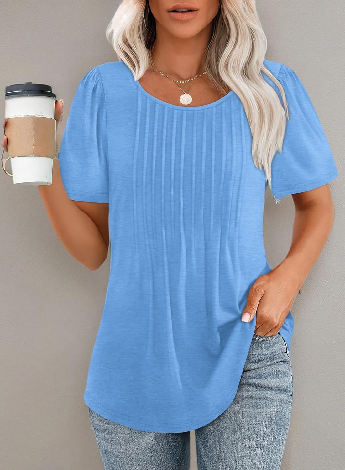 Women’s Short Sleeve Pleated T-Shirt - Casual Scooped Neck Summer Blouse - Picture 234 of 266