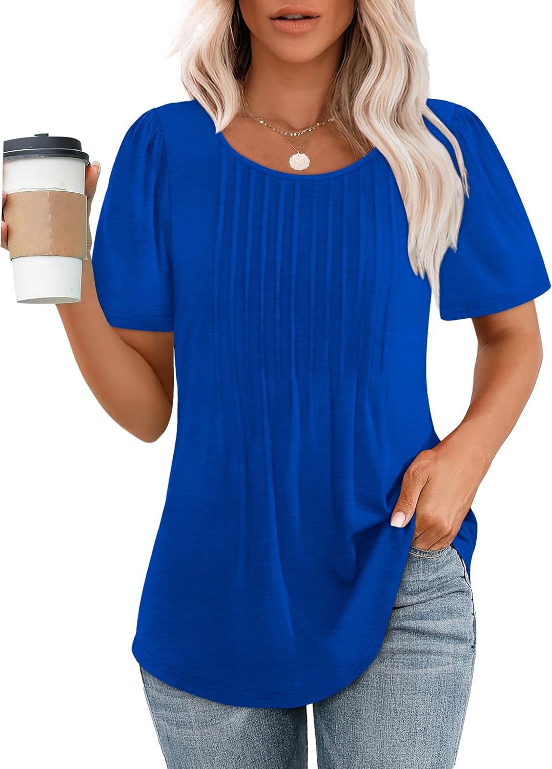 Women’s Short Sleeve Pleated T-Shirt - Casual Scooped Neck Summer Blouse - Picture 235 of 266