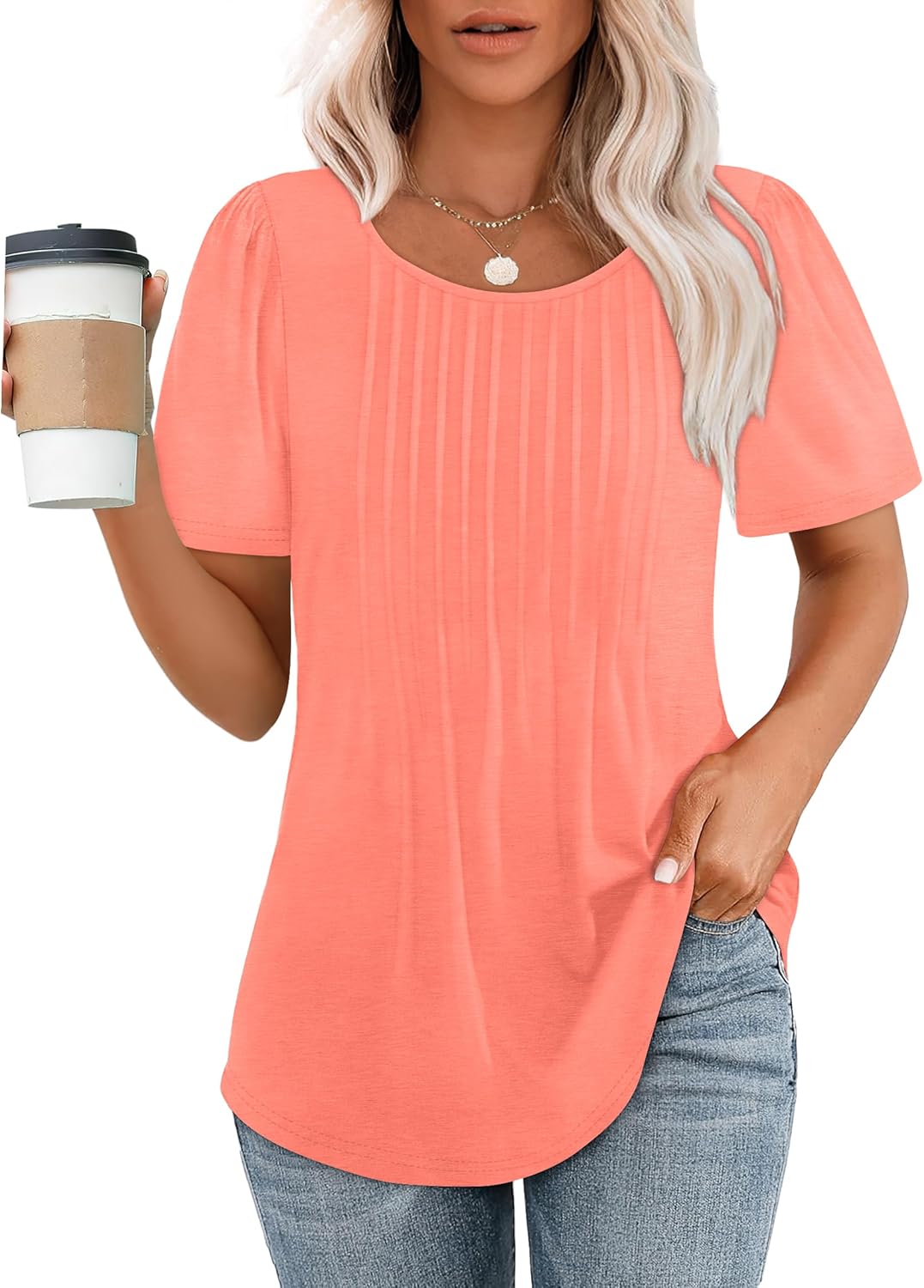 Women’s Short Sleeve Pleated T-Shirt - Casual Scooped Neck Summer Blouse - Picture 241 of 266