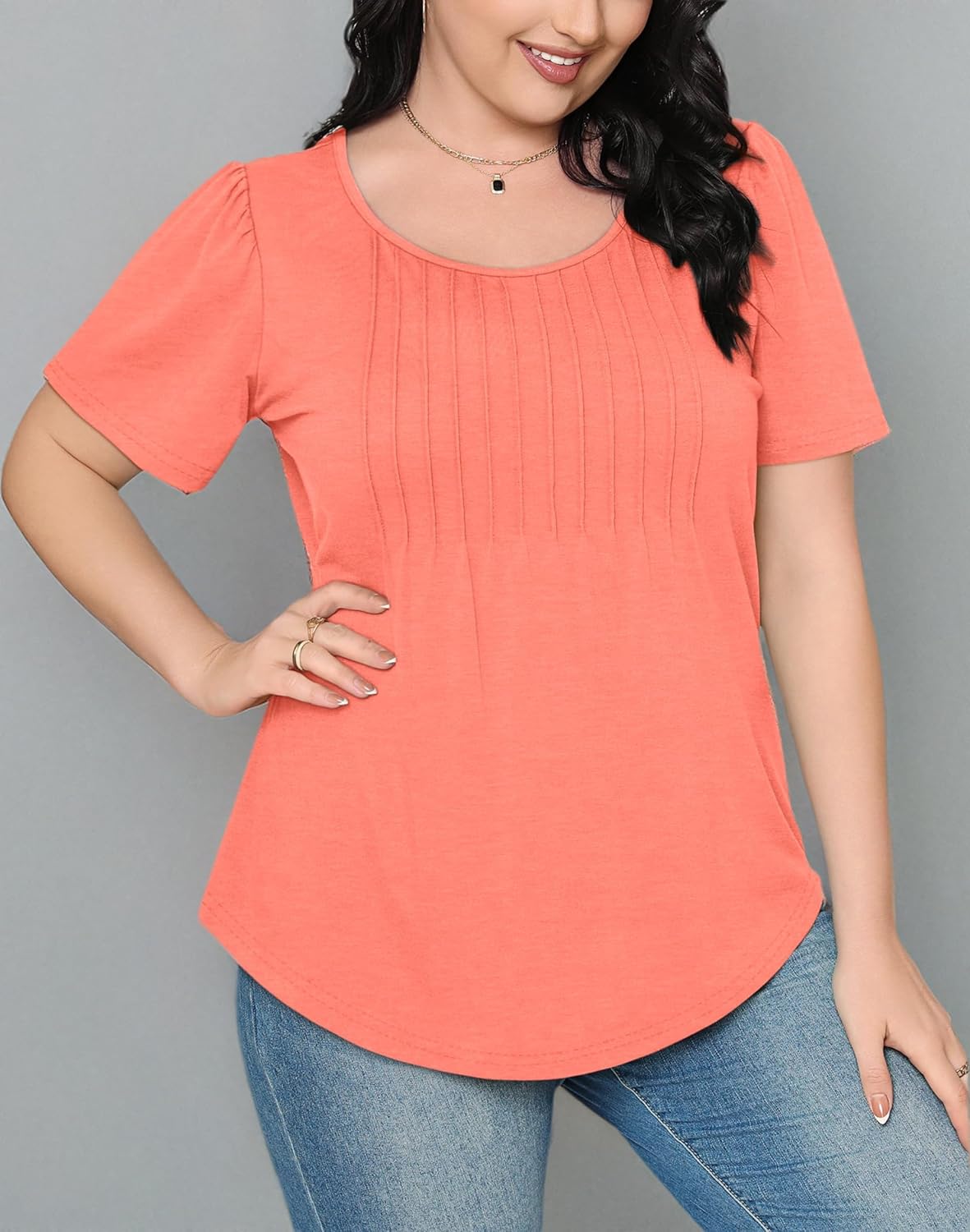 Women’s Short Sleeve Pleated T-Shirt - Casual Scooped Neck Summer Blouse - Picture 247 of 266