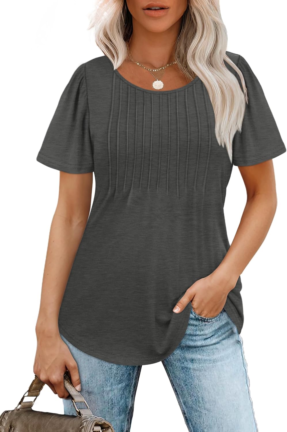 Women’s Short Sleeve Pleated T-Shirt - Casual Scooped Neck Summer Blouse - Picture 249 of 266