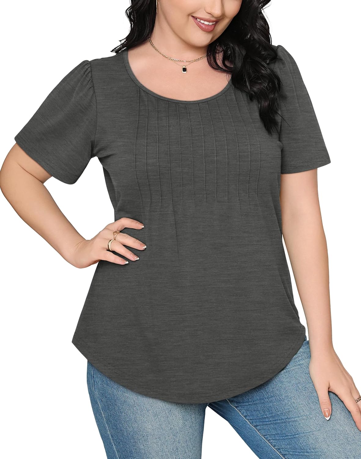 Women’s Short Sleeve Pleated T-Shirt - Casual Scooped Neck Summer Blouse - Picture 251 of 266