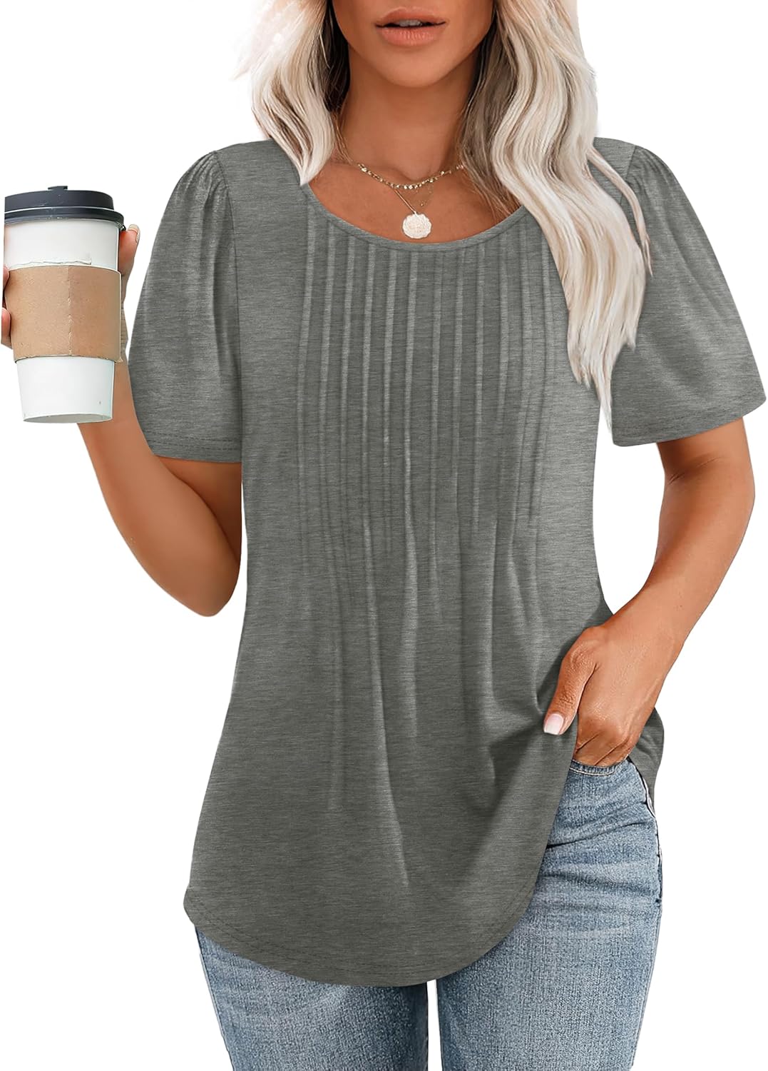 Women’s Short Sleeve Pleated T-Shirt - Casual Scooped Neck Summer Blouse - Picture 254 of 266