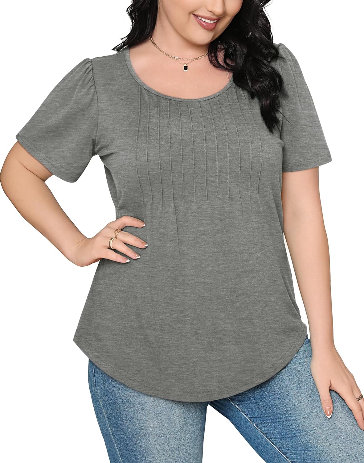 Women’s Short Sleeve Pleated T-Shirt - Casual Scooped Neck Summer Blouse - Picture 257 of 266