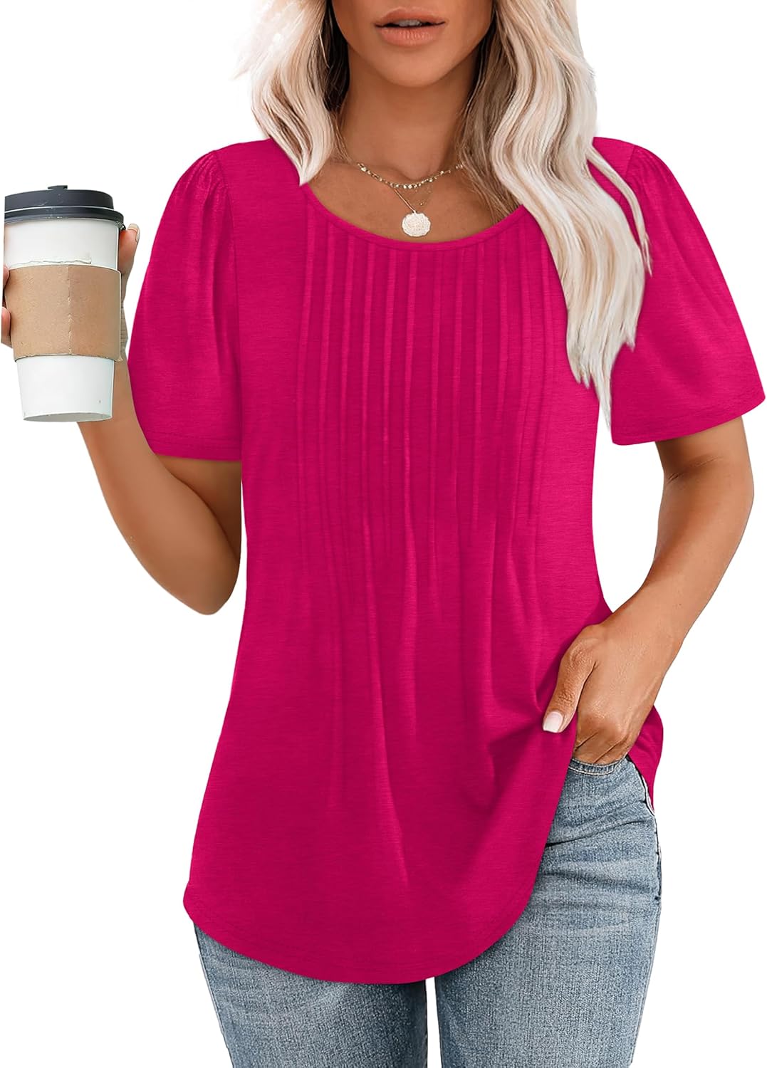 Women’s Short Sleeve Pleated T-Shirt - Casual Scooped Neck Summer Blouse - Picture 260 of 266