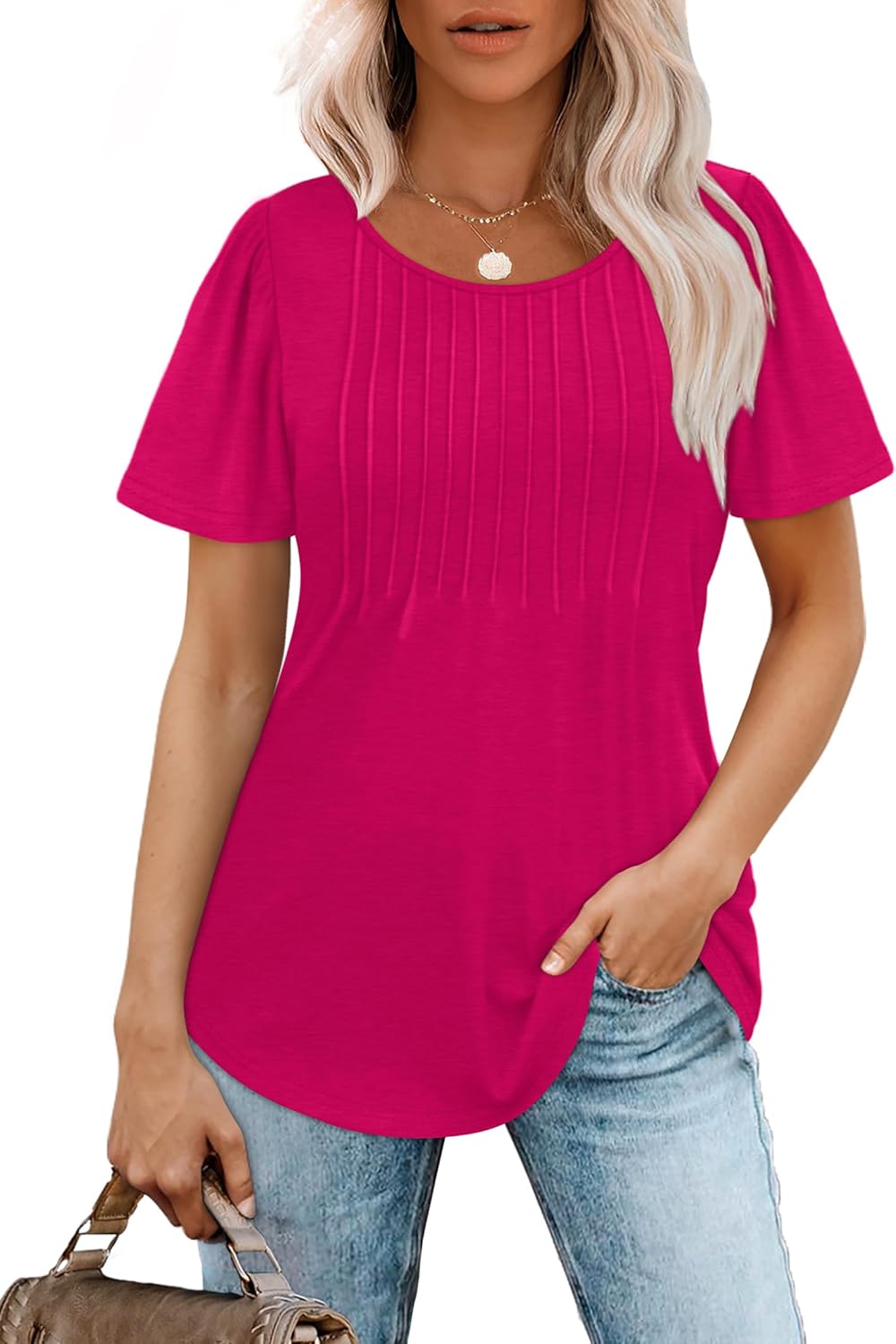 Women’s Short Sleeve Pleated T-Shirt - Casual Scooped Neck Summer Blouse - Picture 261 of 266