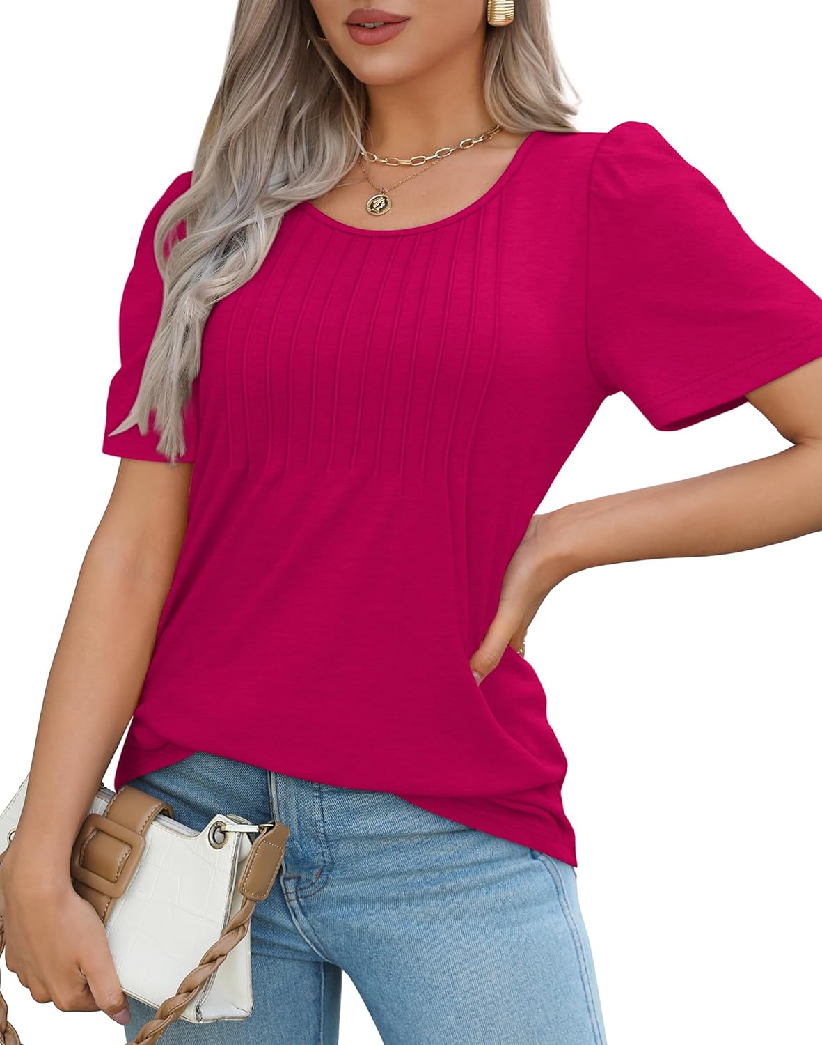 Women’s Short Sleeve Pleated T-Shirt - Casual Scooped Neck Summer Blouse - Picture 262 of 266