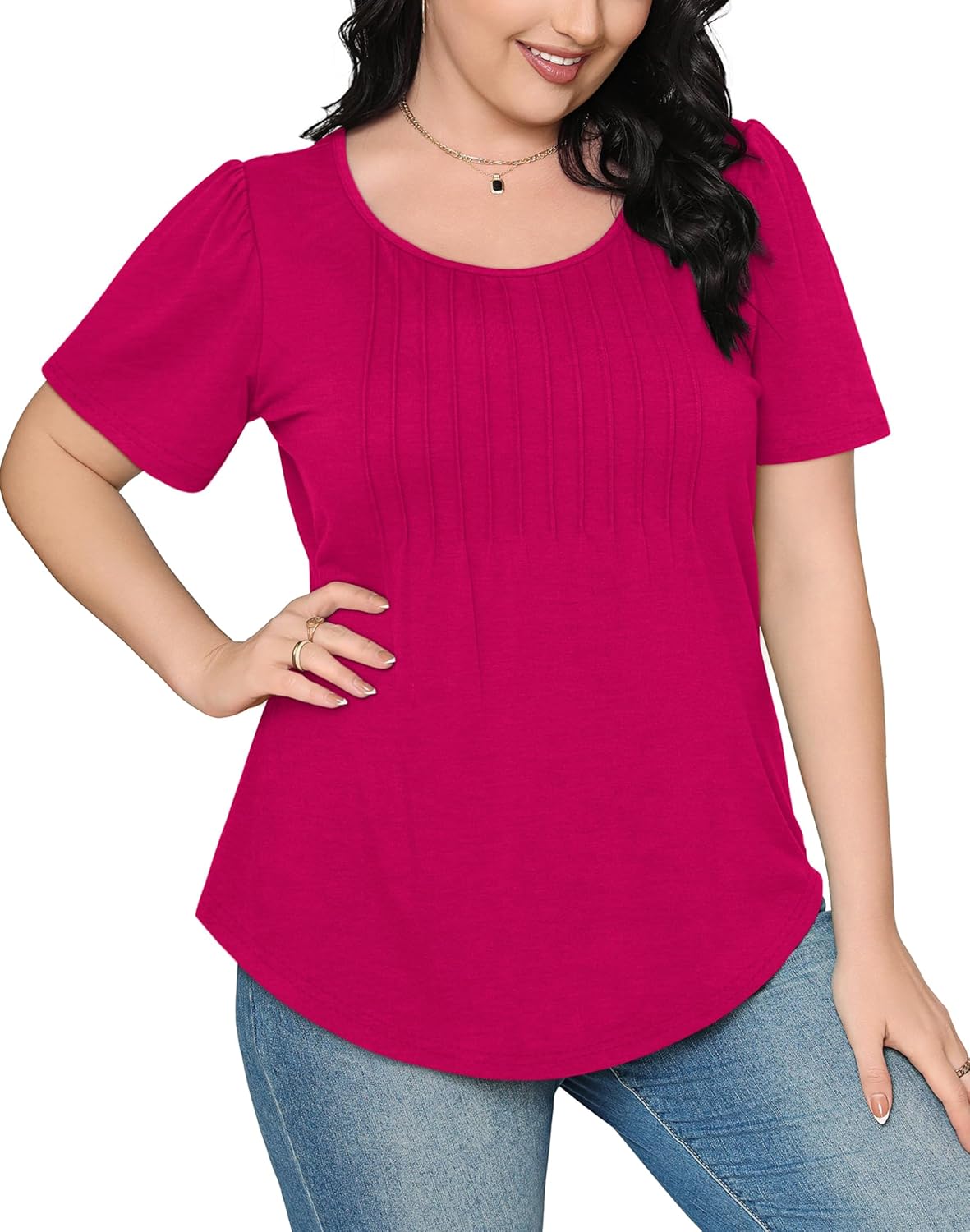 Women’s Short Sleeve Pleated T-Shirt - Casual Scooped Neck Summer Blouse - Picture 263 of 266