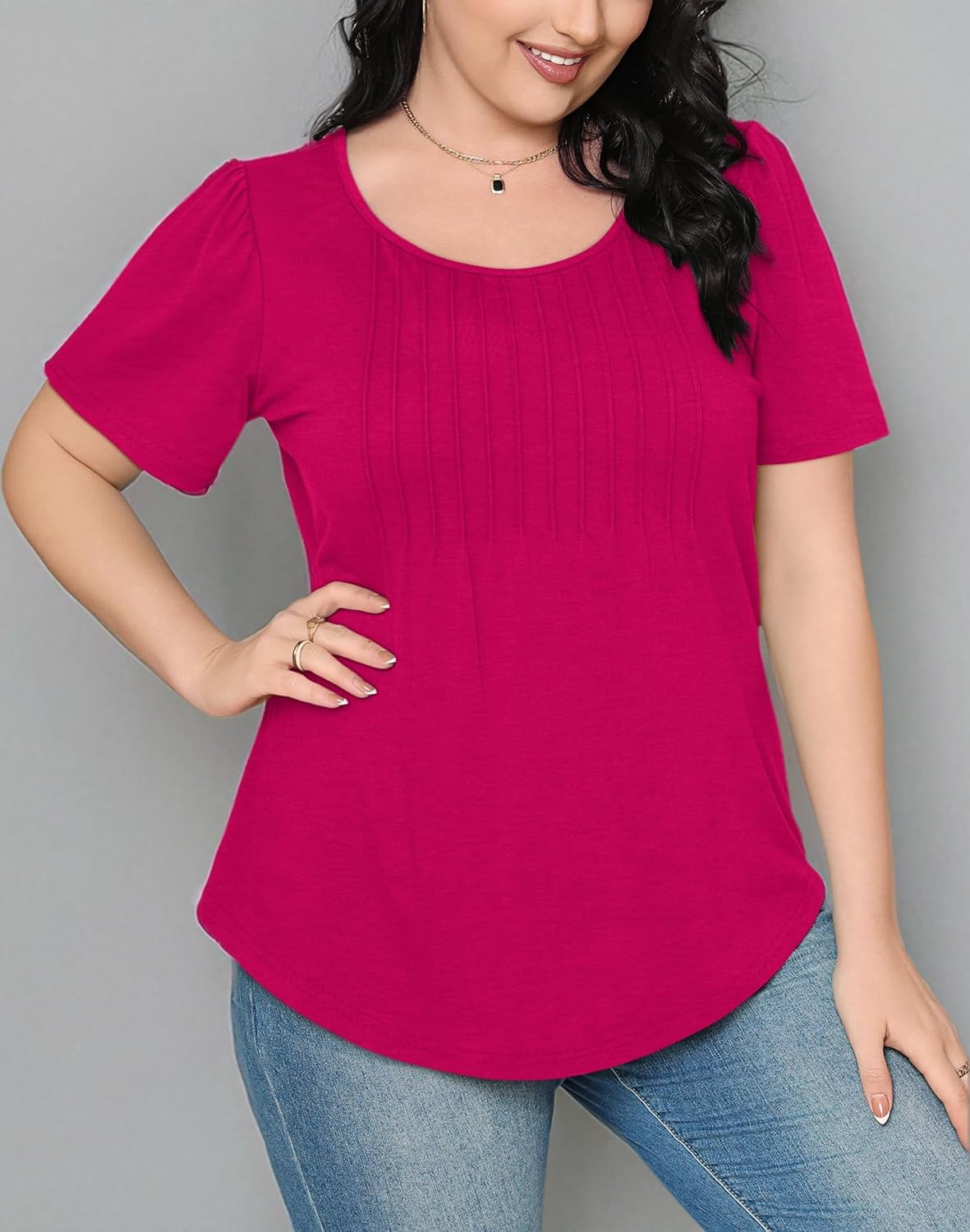 Women’s Short Sleeve Pleated T-Shirt - Casual Scooped Neck Summer Blouse - Picture 266 of 266