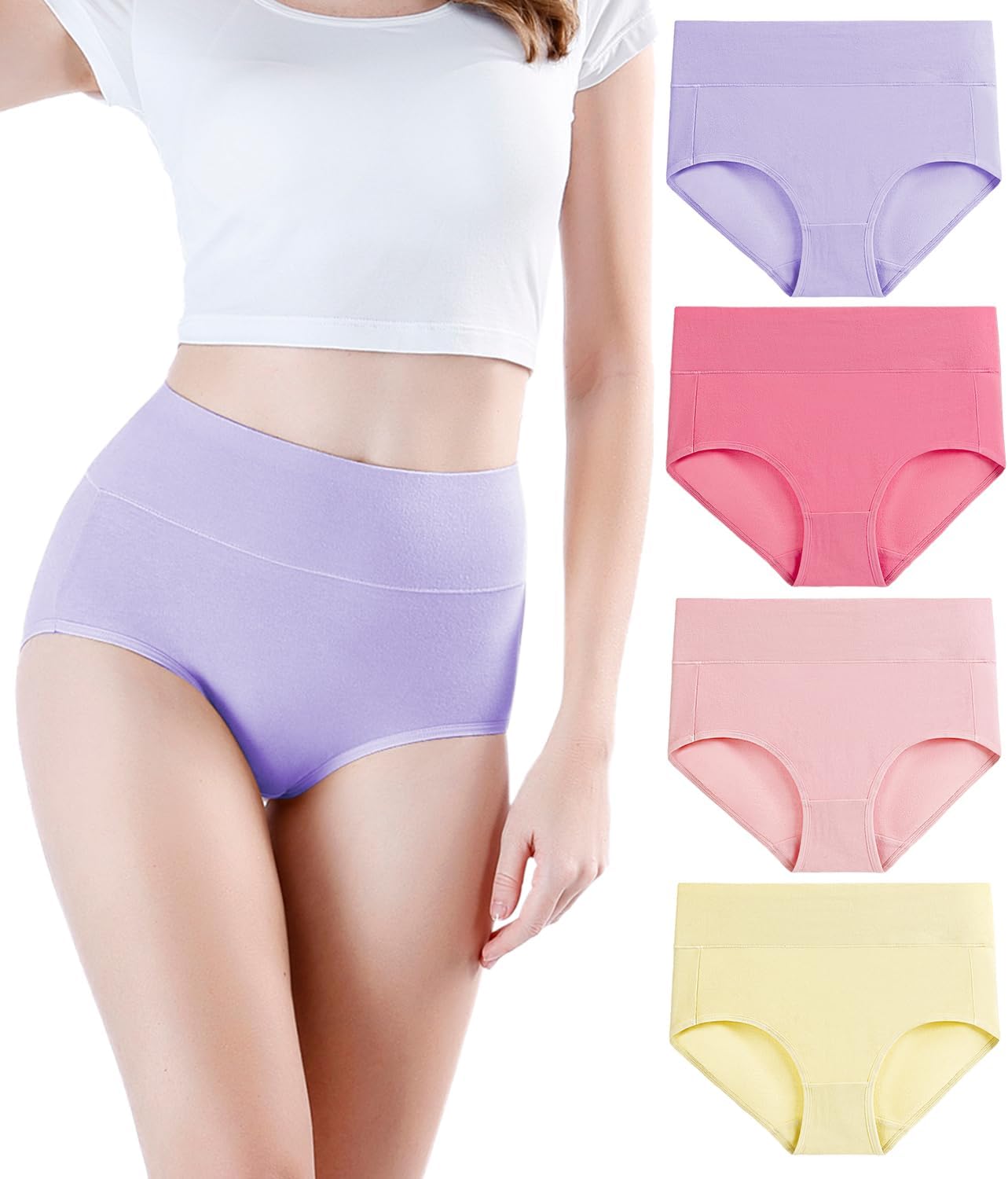 Damen Baumwolle Unterwäsche Hohe Taille Damen Höschen Vollständige Abdeckung Slips 4er Pack - Bild 52 von 58