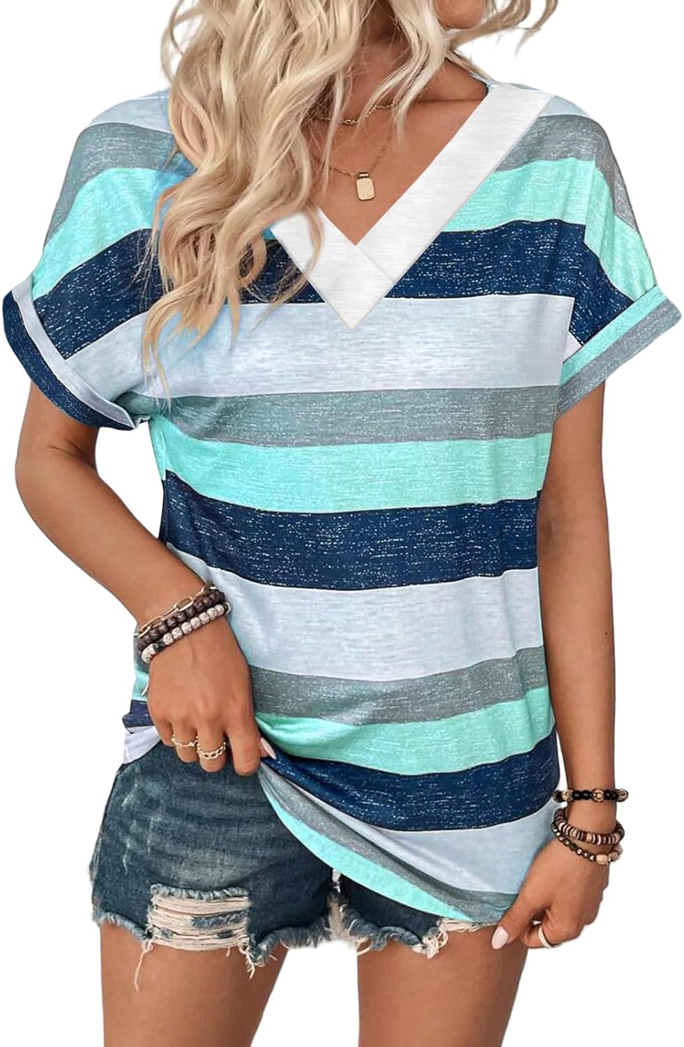 “Women’s Lightweight V Neck Tee - Trendy Soft Casual Tops for Spring Summer - Picture 28 of 113