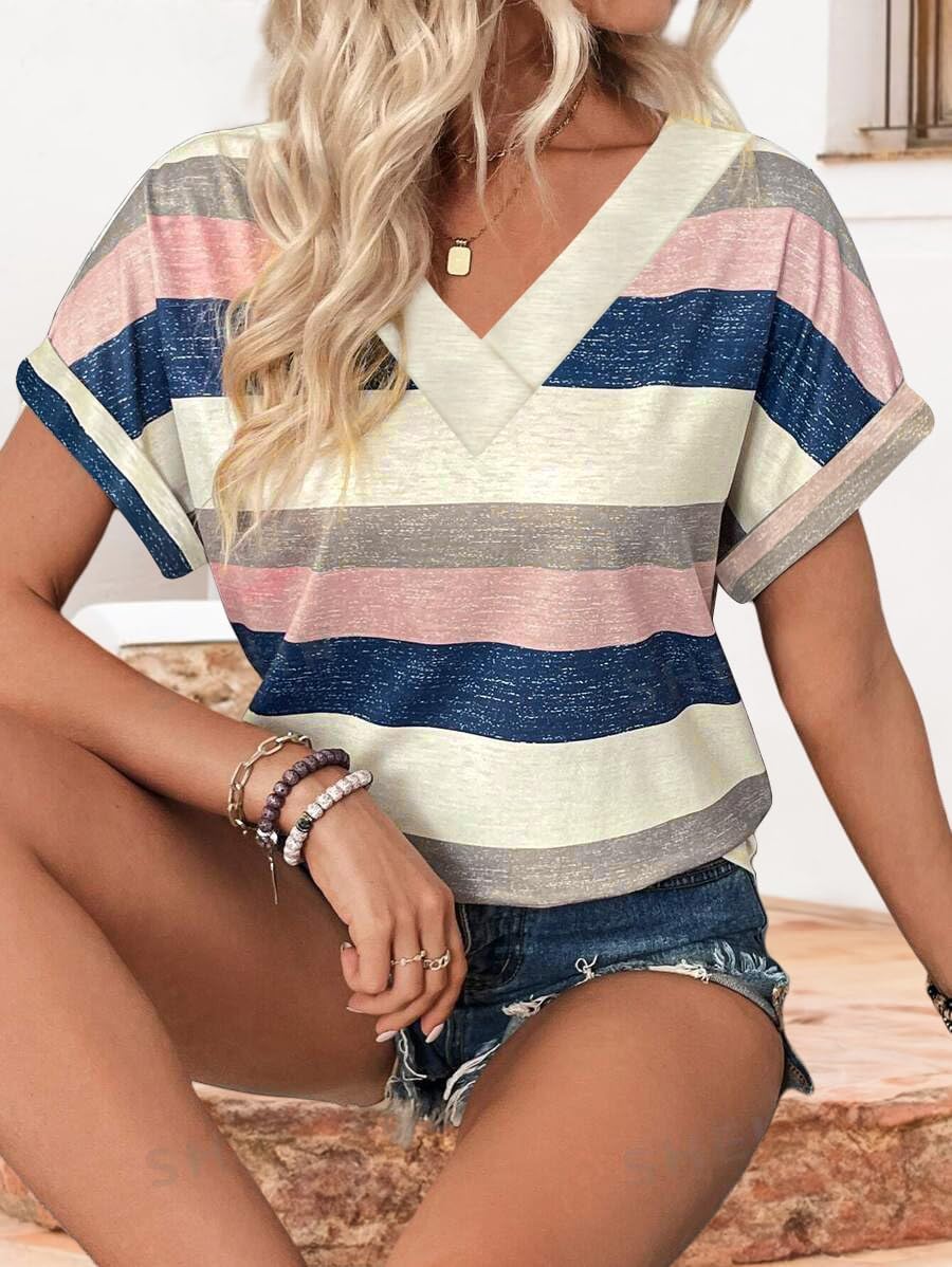 “Women’s Lightweight V Neck Tee - Trendy Soft Casual Tops for Spring Summer - Picture 42 of 113
