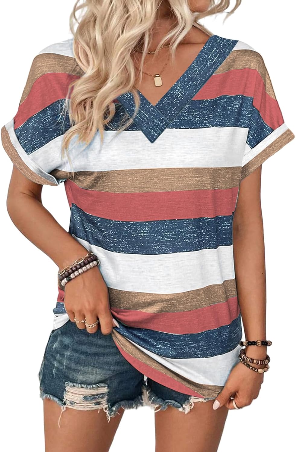 “Women’s Lightweight V Neck Tee - Trendy Soft Casual Tops for Spring Summer - Picture 46 of 113