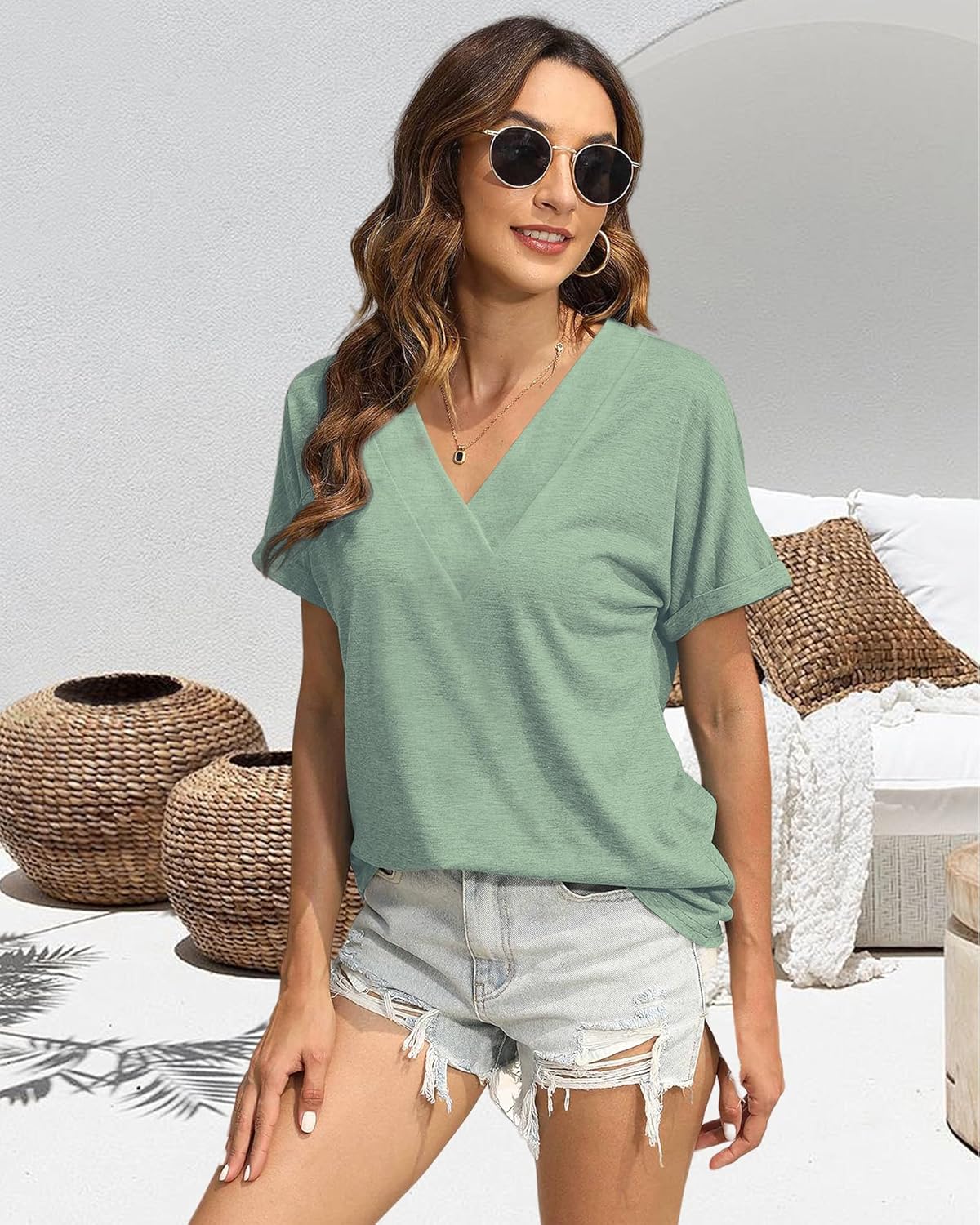 “Women’s Lightweight V Neck Tee - Trendy Soft Casual Tops for Spring Summer - Picture 49 of 113