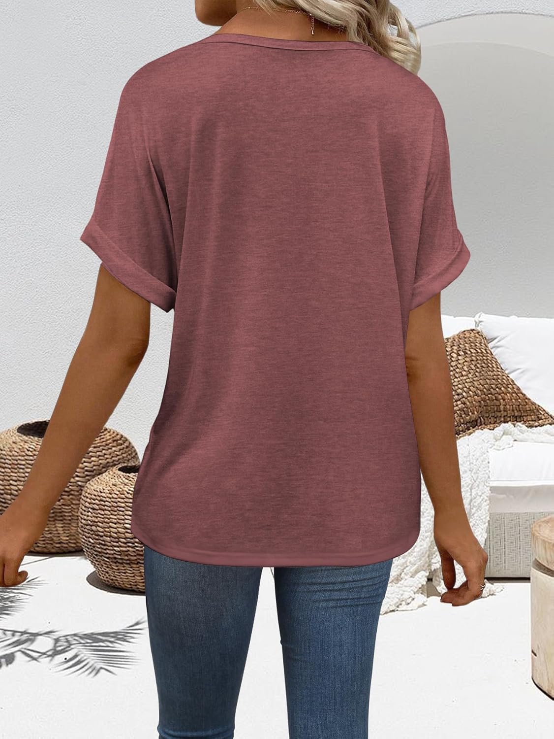 “Women’s Lightweight V Neck Tee - Trendy Soft Casual Tops for Spring Summer - Picture 52 of 113