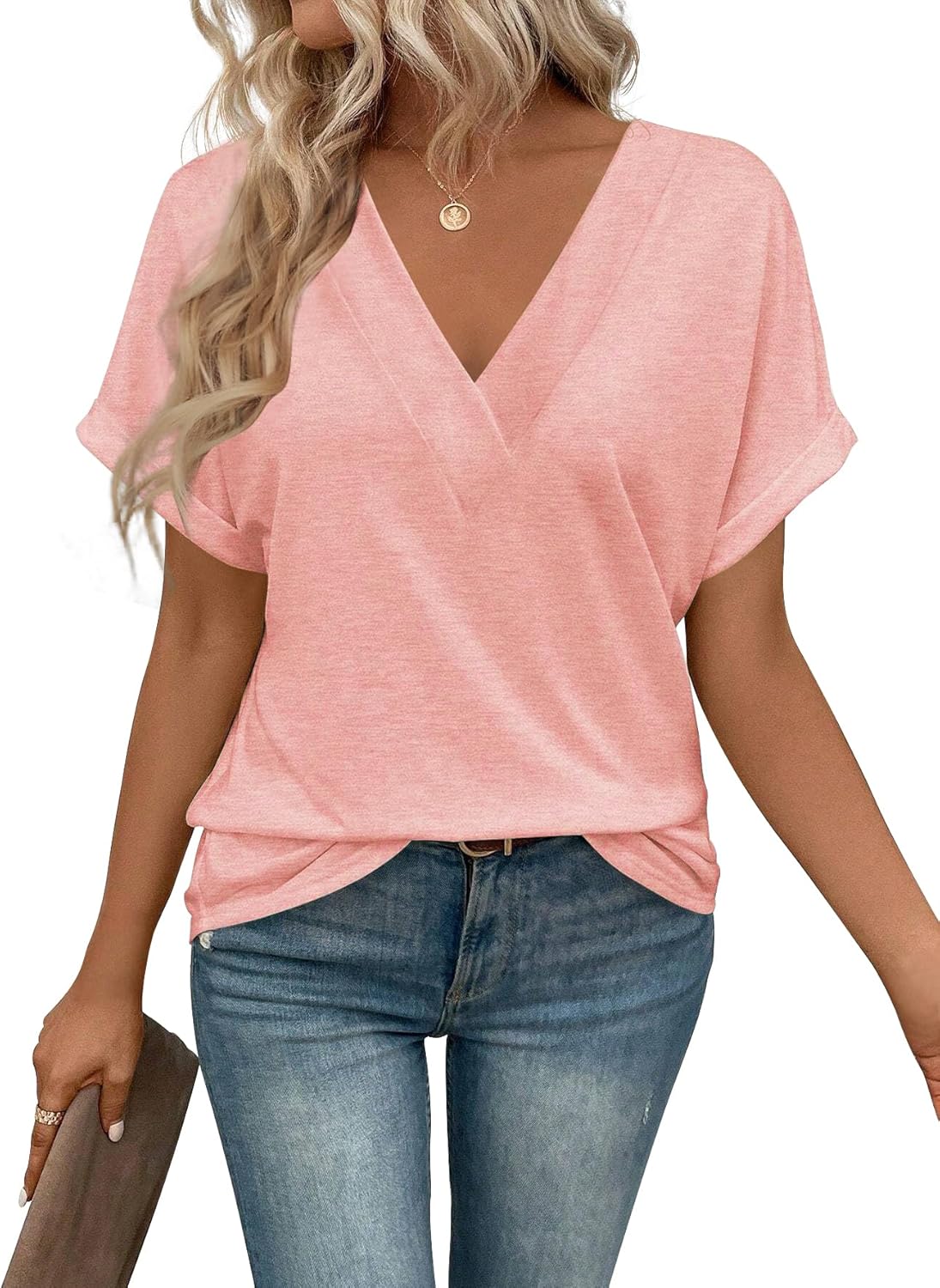 “Women’s Lightweight V Neck Tee - Trendy Soft Casual Tops for Spring Summer - Picture 72 of 113