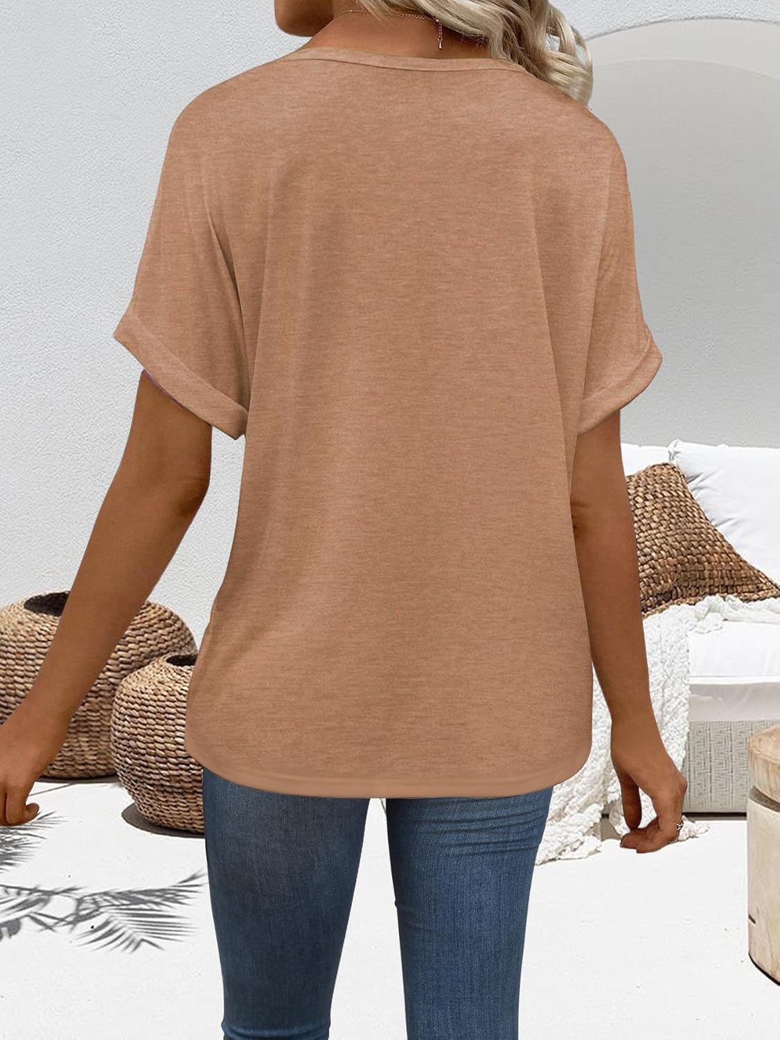 “Women’s Lightweight V Neck Tee - Trendy Soft Casual Tops for Spring Summer - Picture 101 of 113