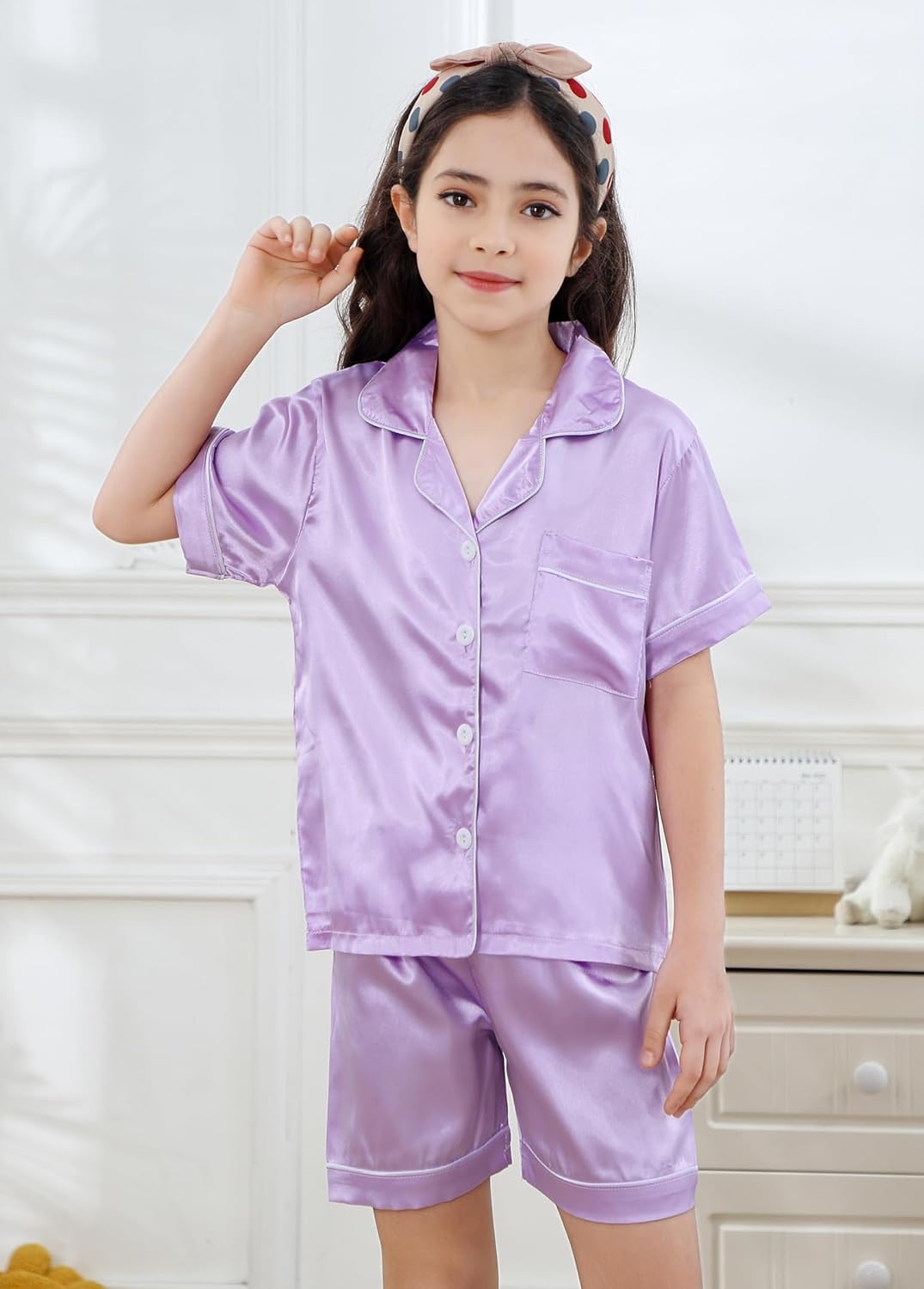 Girls Pajamas Satin Pajama Set Silk Soft Pajama Short Sleeve Sleepwear for Gift - Picture 15 of 43