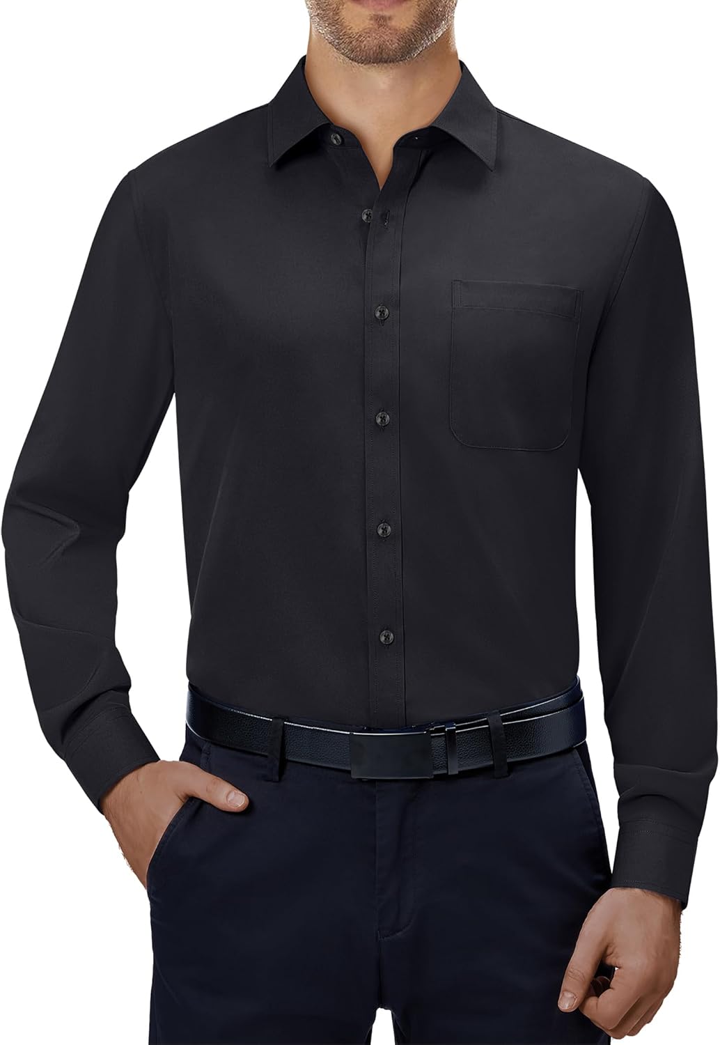 Mens Dress Shirts Stretch Long Sleeve Collared Casual Solid Wedding Dating Shirt - Bild 23 von 152