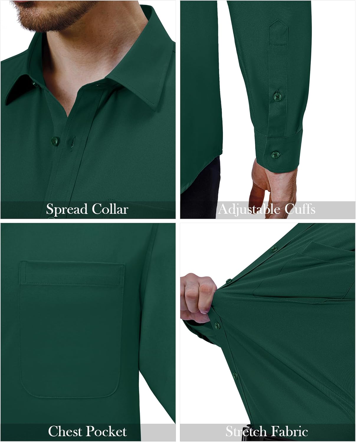 Mens Dress Shirts Stretch Long Sleeve Collared Casual Solid Wedding Dating Shirt - Bild 31 von 152