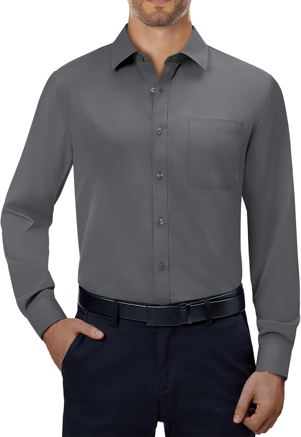 Mens Dress Shirts Stretch Long Sleeve Collared Casual Solid Wedding Dating Shirt - Bild 33 von 152