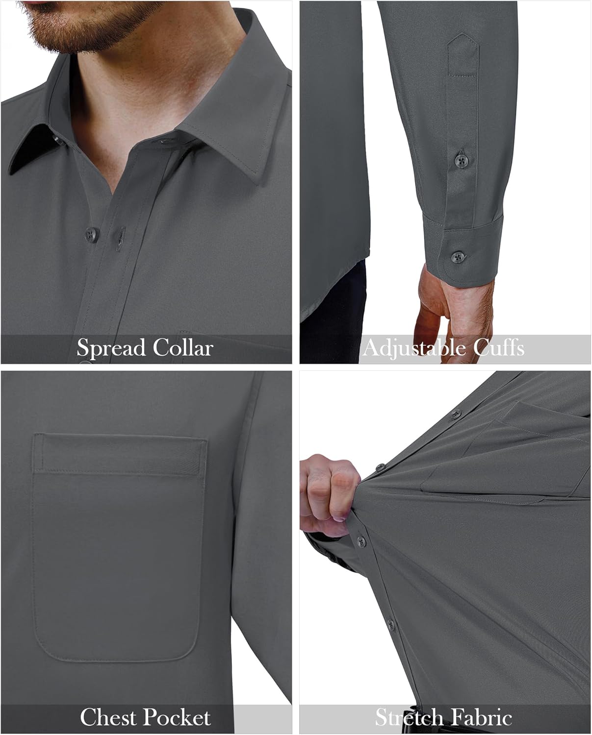 Mens Dress Shirts Stretch Long Sleeve Collared Casual Solid Wedding Dating Shirt - Bild 36 von 152