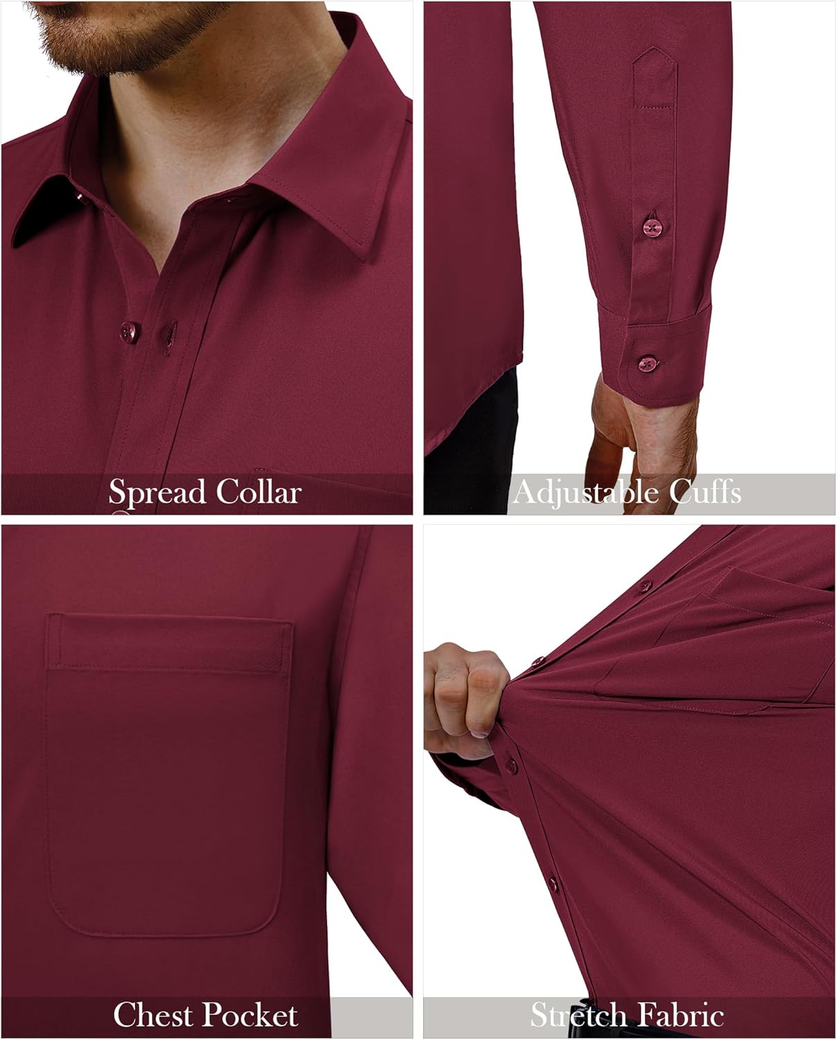 Mens Dress Shirts Stretch Long Sleeve Collared Casual Solid Wedding Dating Shirt - Bild 41 von 152