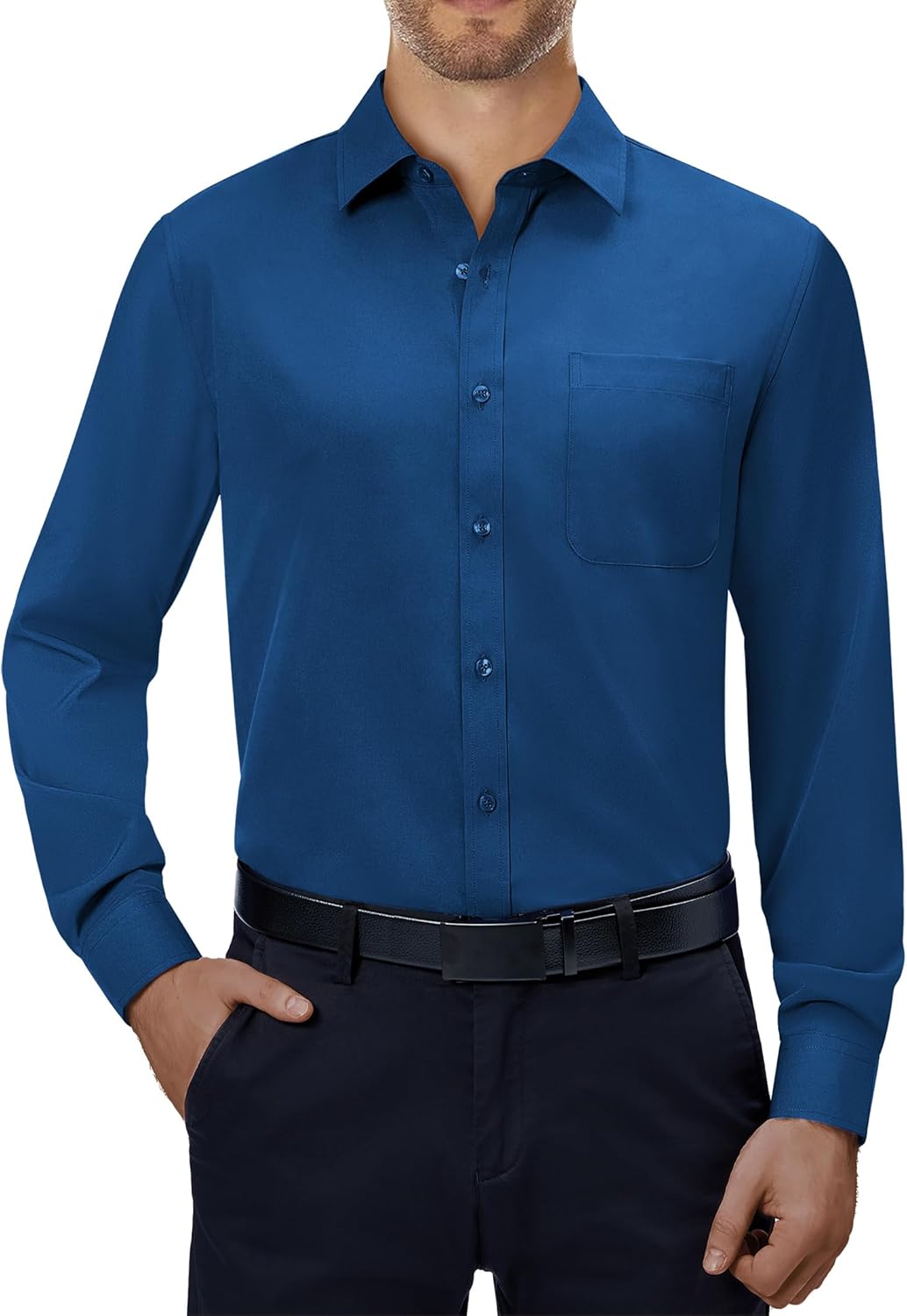 Mens Dress Shirts Stretch Long Sleeve Collared Casual Solid Wedding Dating Shirt - Bild 43 von 152